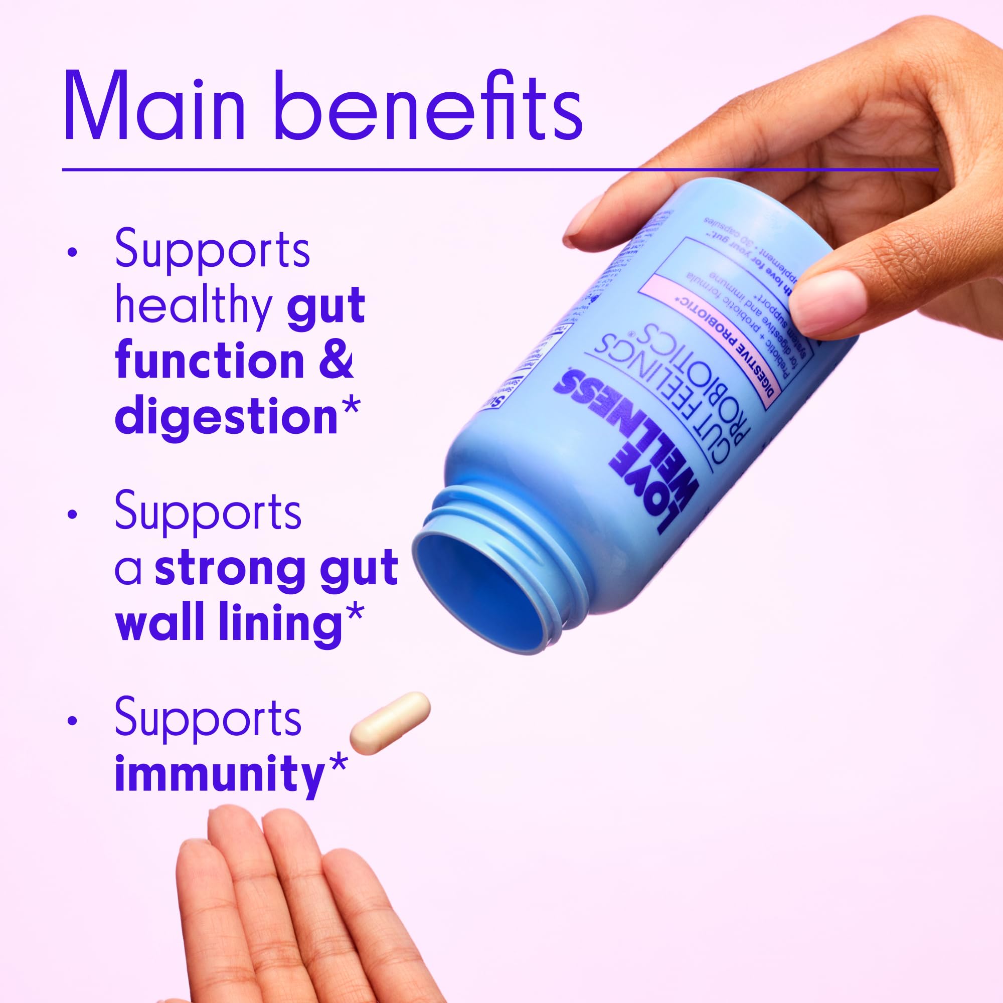 Love Wellness Gut Feelings Probiotic capsules on a table