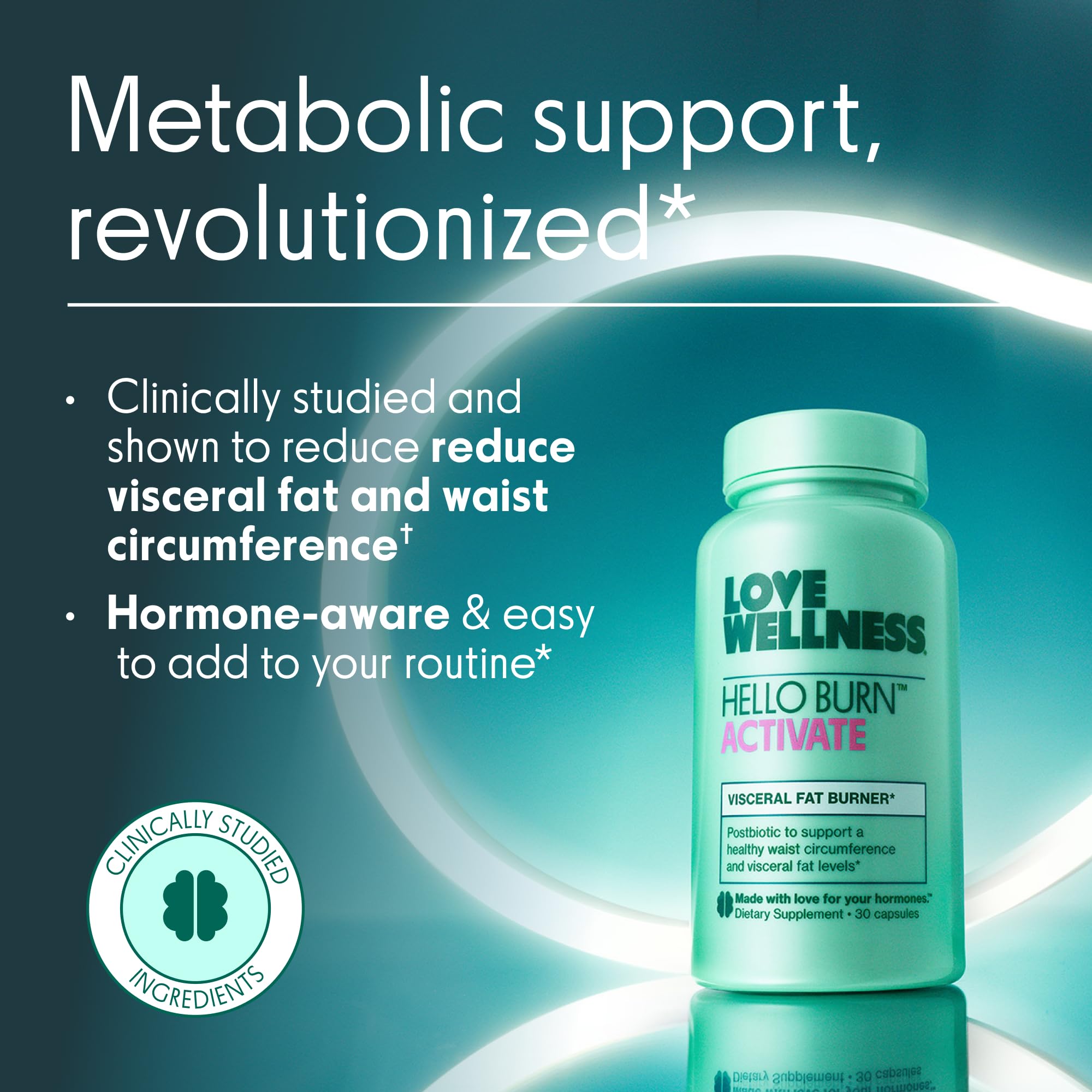 Love Wellness Hello Burn Activate Fat Burner capsule on a wooden surface