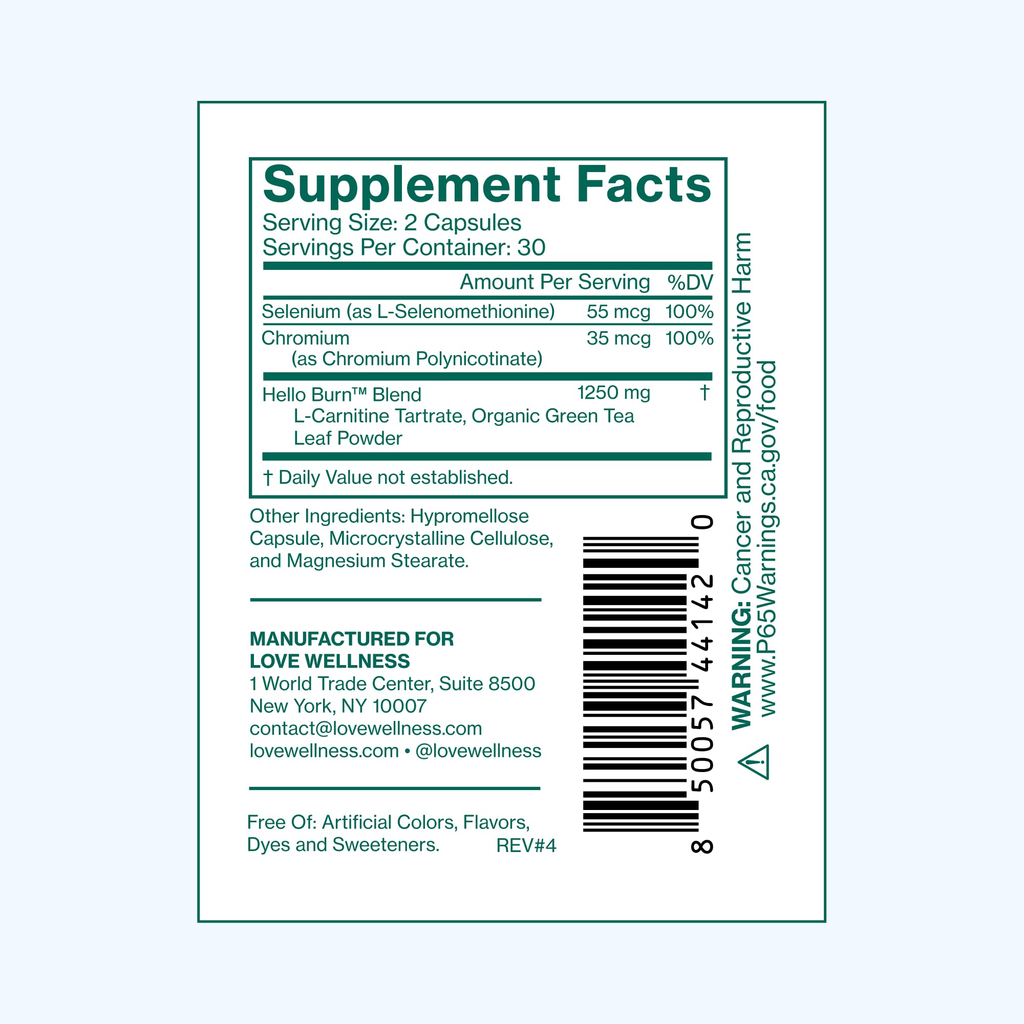 Love Wellness Hello Burn Balance capsules with a glass of water