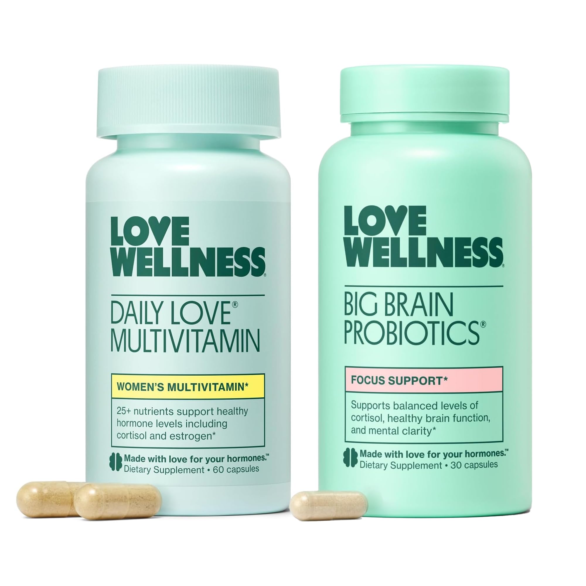 Love Wellness Mind and Body Duo front view with multivitamin and probiotic capsules