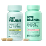 Love Wellness Mind and Body Duo front view with multivitamin and probiotic capsules