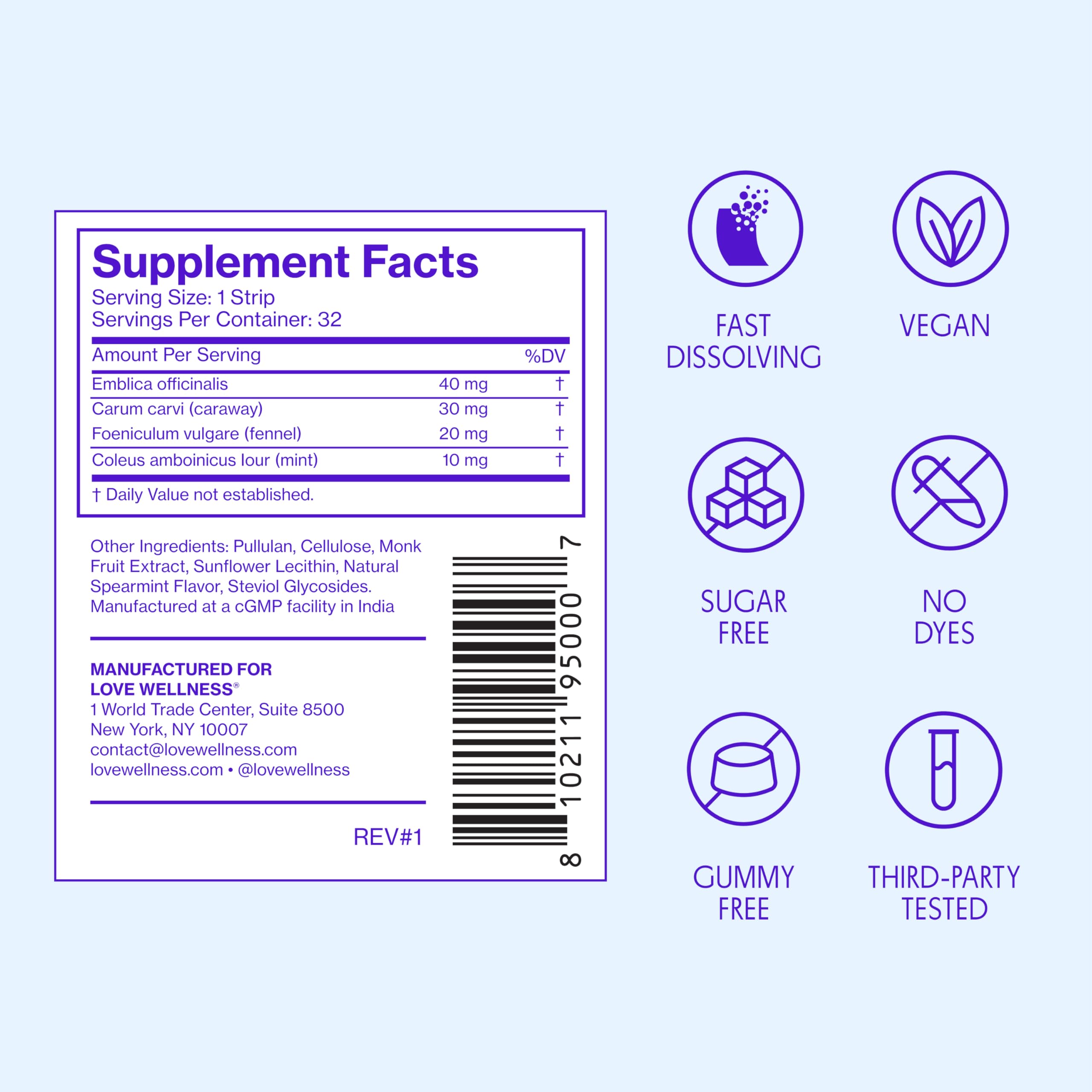 Love Wellness Relief Strips displayed with a glass of water