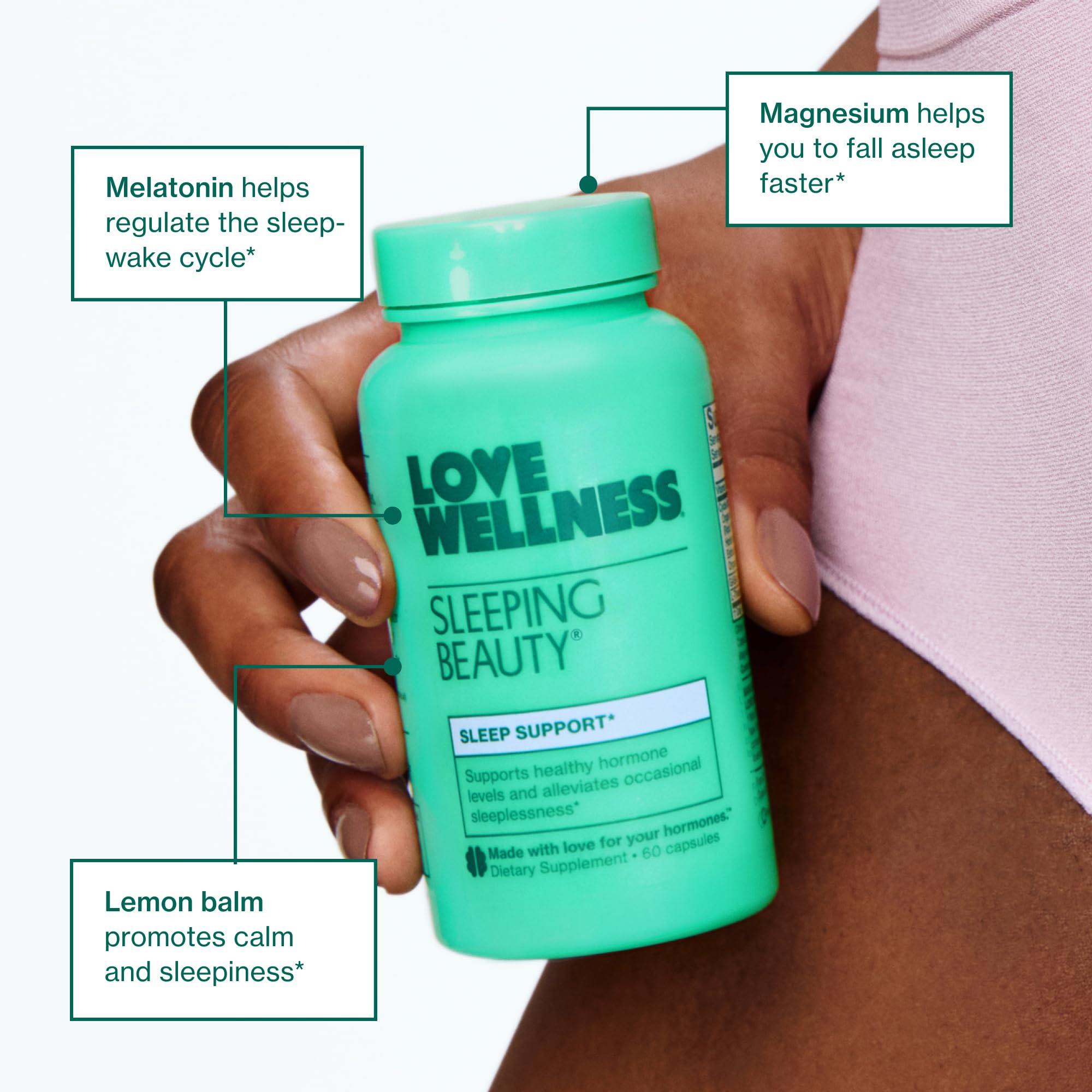 Love Wellness Sleeping Beauty supplement bottle side view