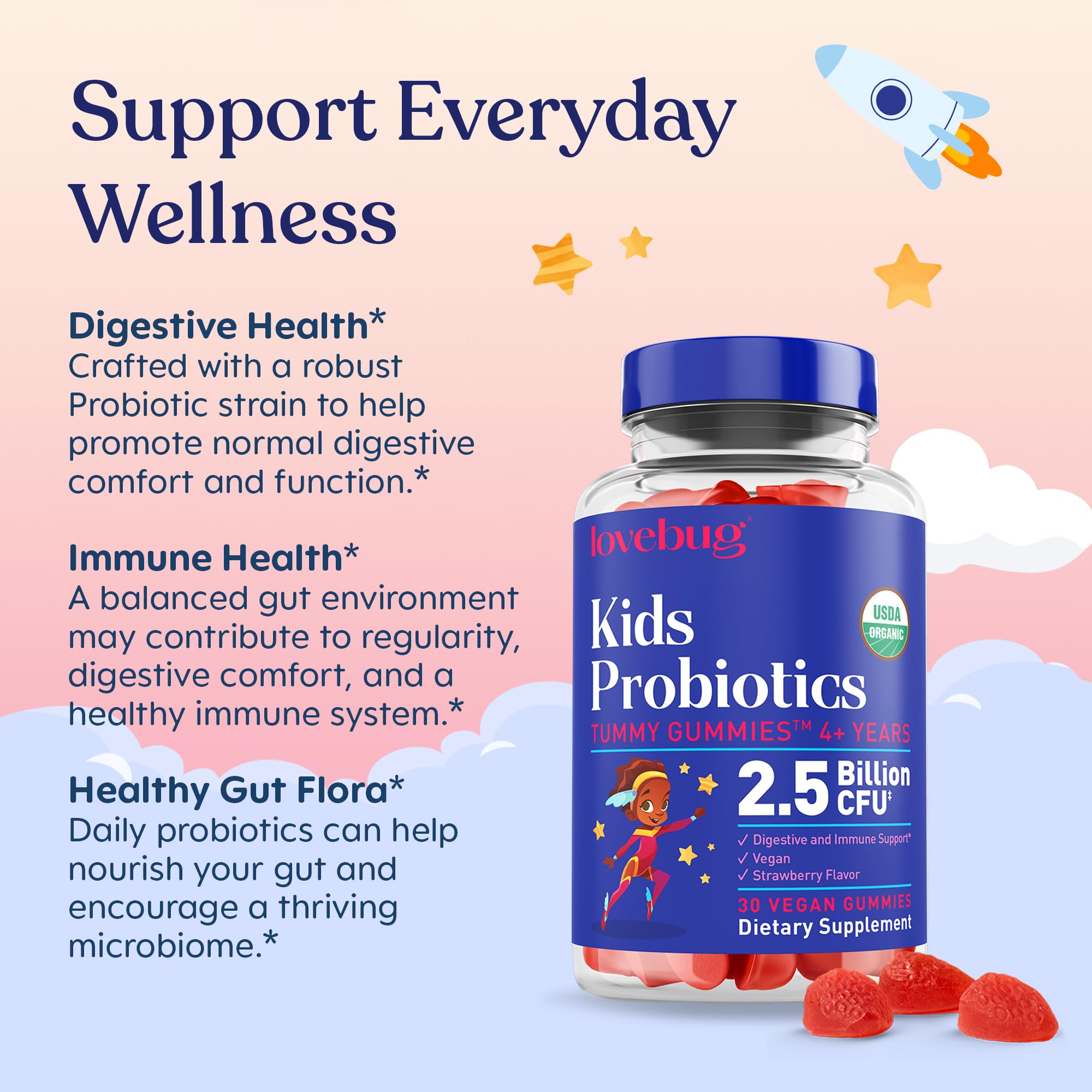 LOVEBUG Organic Strawberry Probiotic Gummies close-up