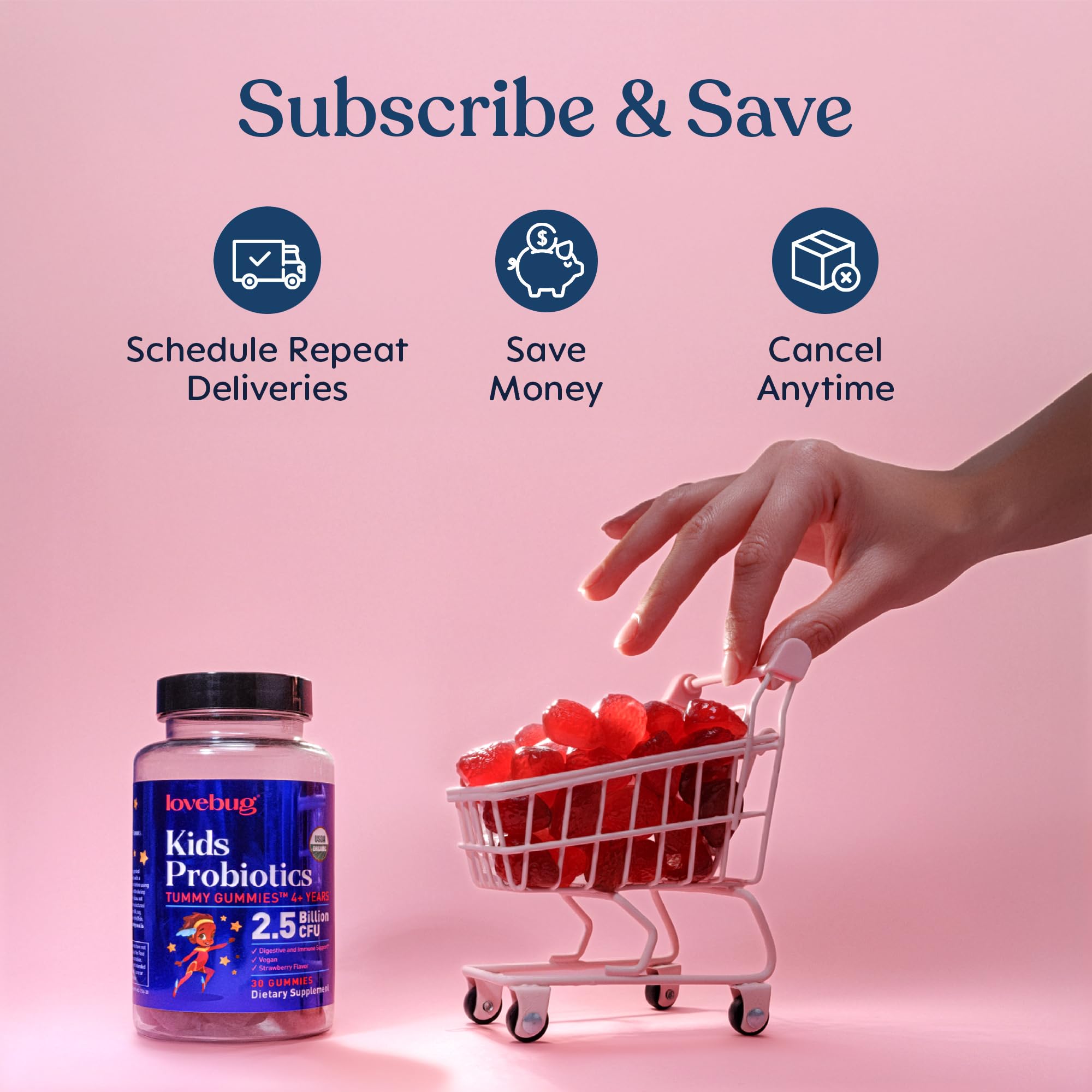 LOVEBUG Organic Strawberry Probiotic Gummies in a bowl