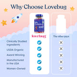 LOVEBUG Organic Strawberry Probiotic Gummies on a wooden table