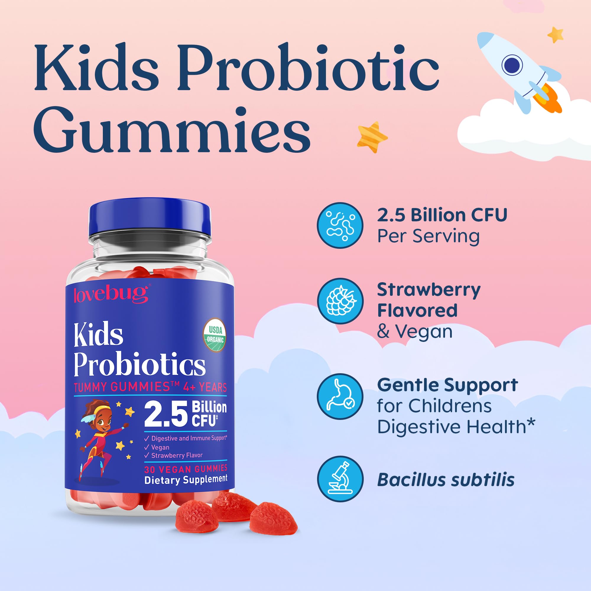 LOVEBUG Organic Strawberry Probiotic Gummies packaging