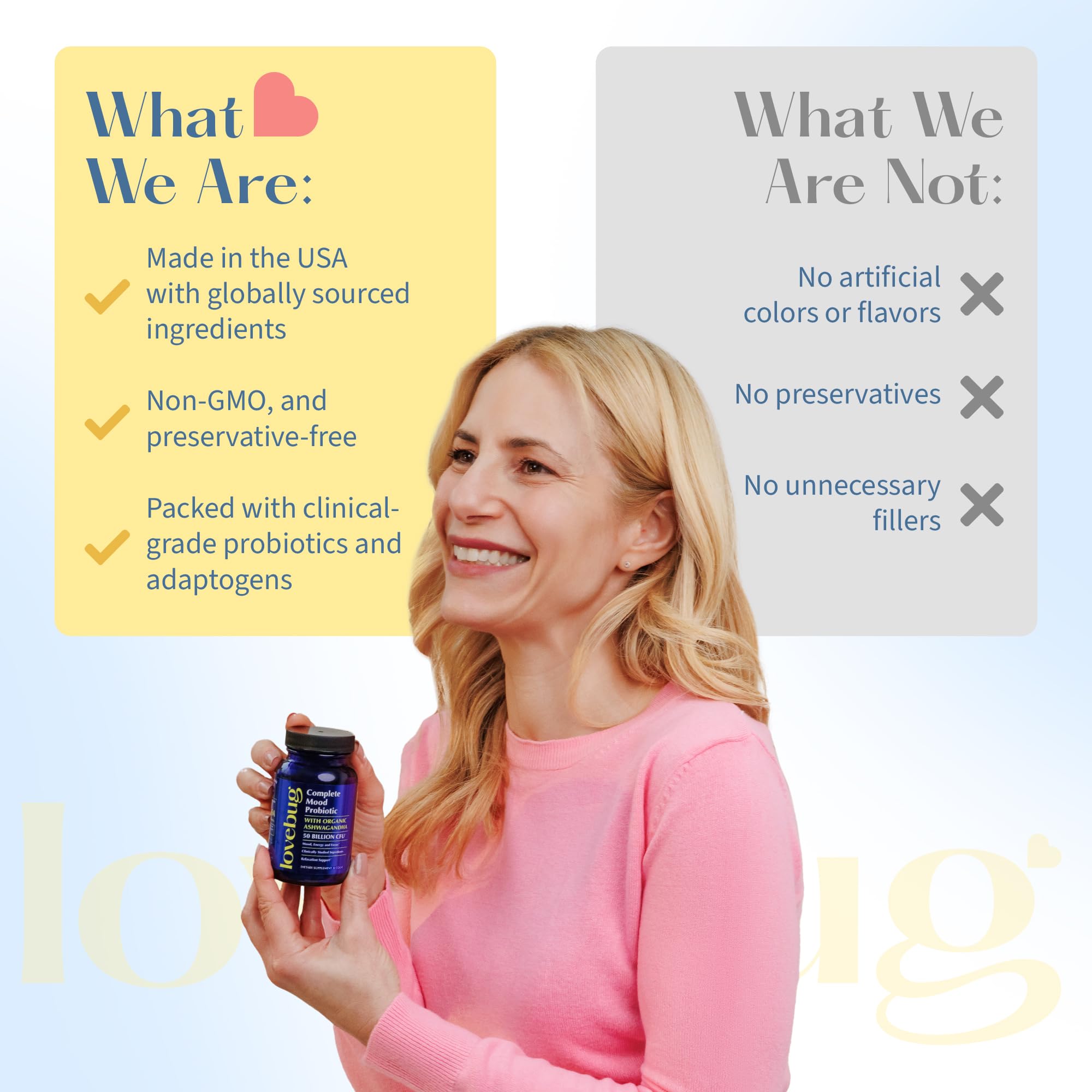 LOVEBUG Probiotic Supplement capsules in a clear bowl