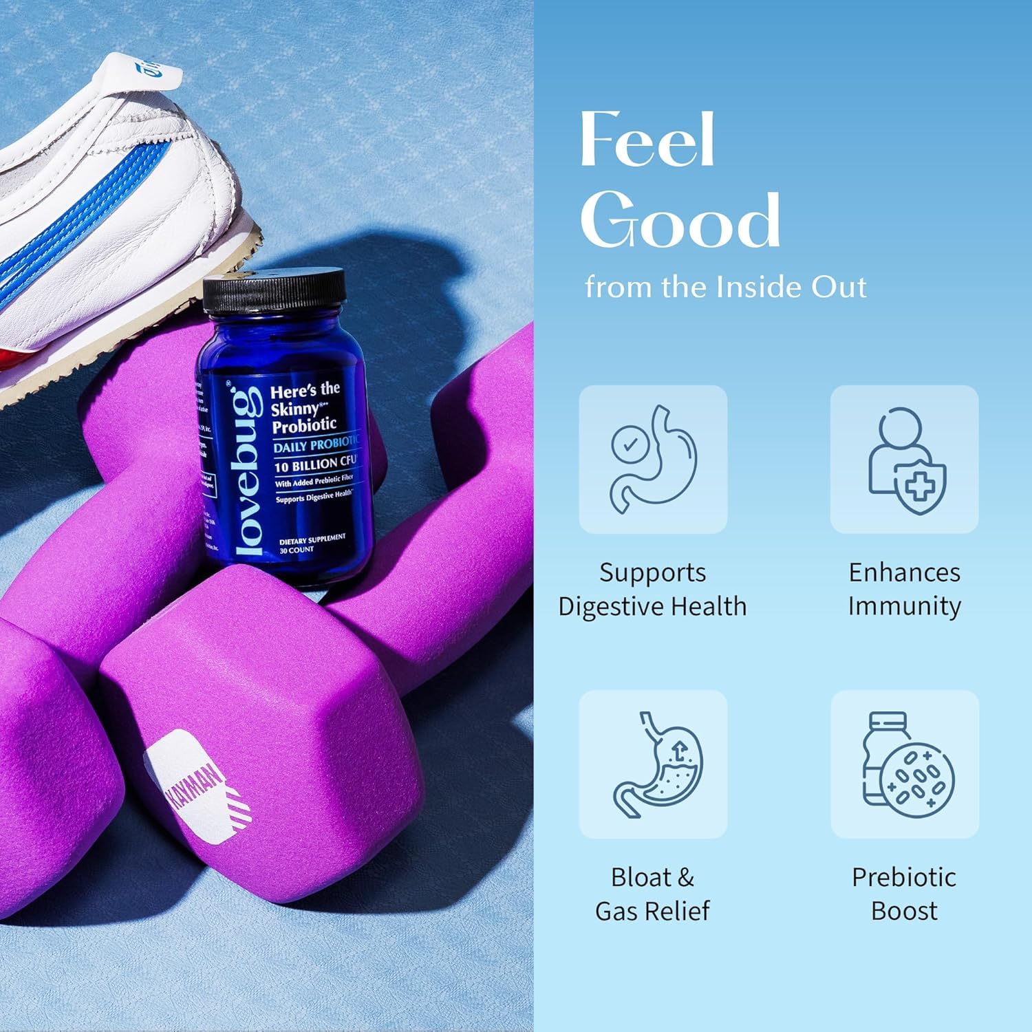 LOVEBUG Probiotic Supplement capsules on a wooden surface
