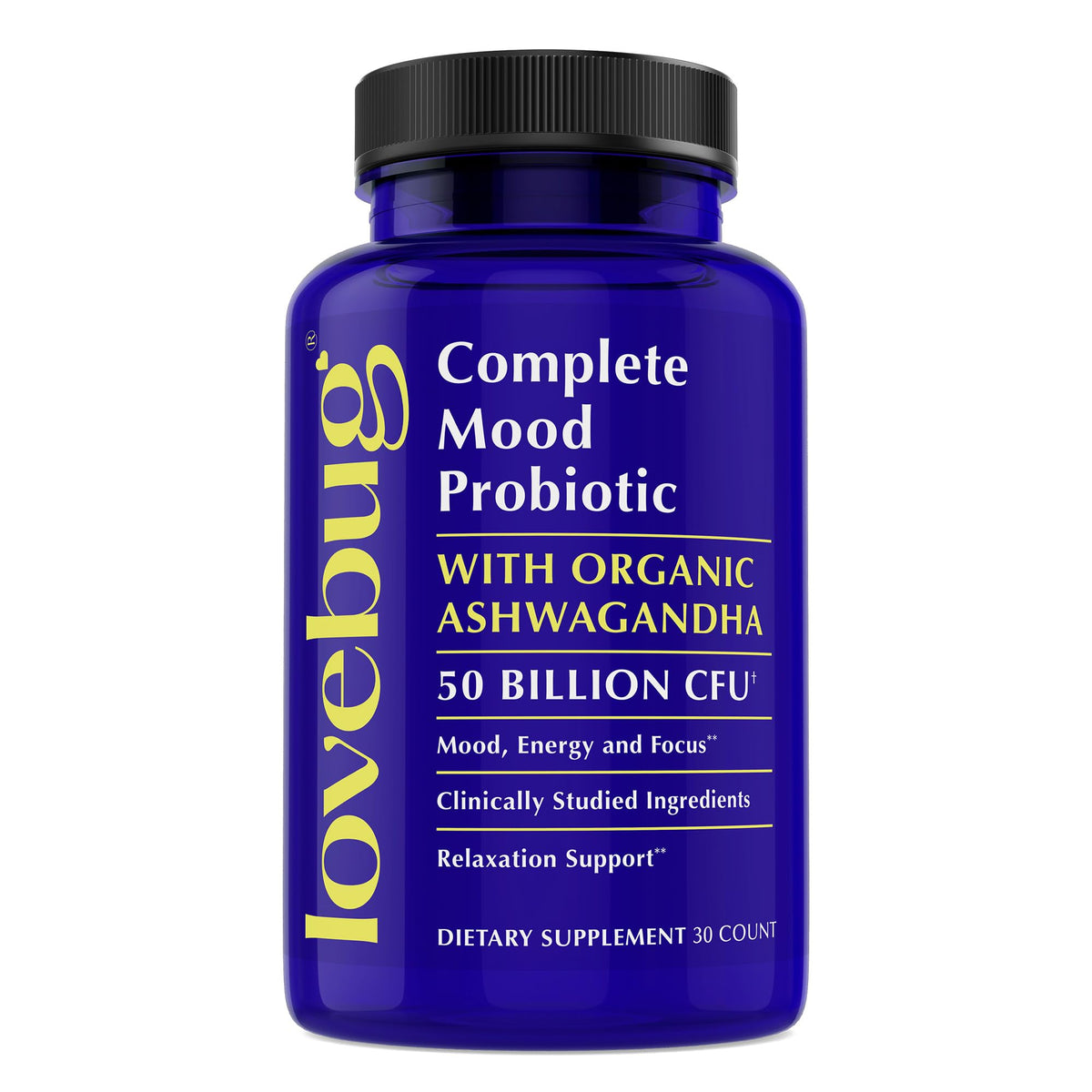 LOVEBUG Probiotic Supplement front view with 30 capsules