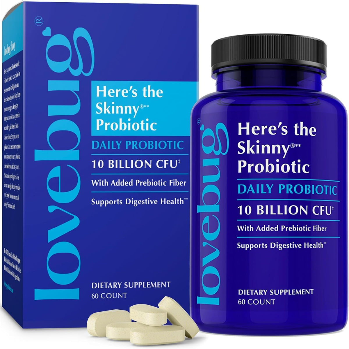 LOVEBUG Probiotic Supplement front view with capsule bottle
