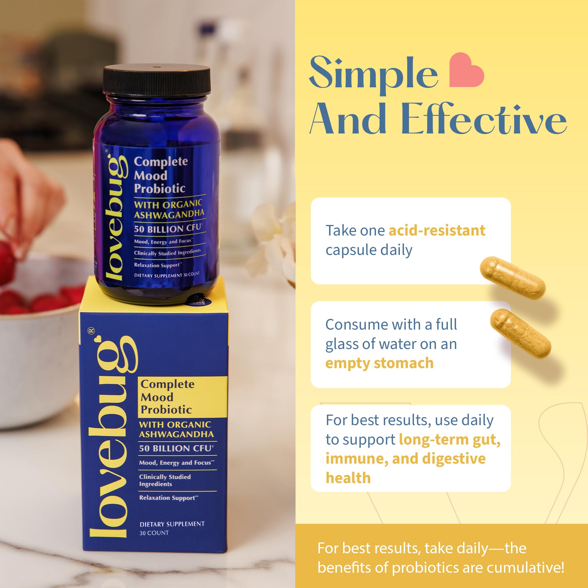 LOVEBUG Probiotic Supplement lifestyle scene with a glass of water
