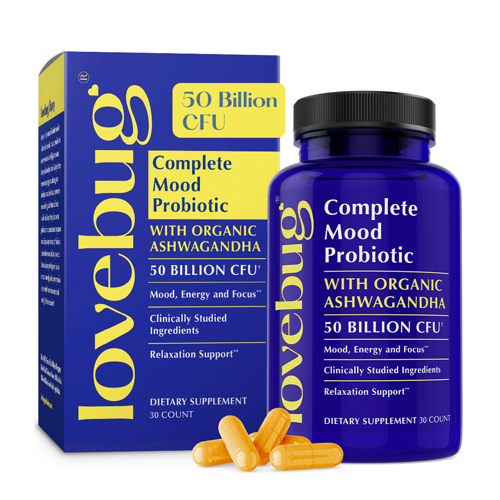 LOVEBUG Probiotic Supplement side view showing capsule details