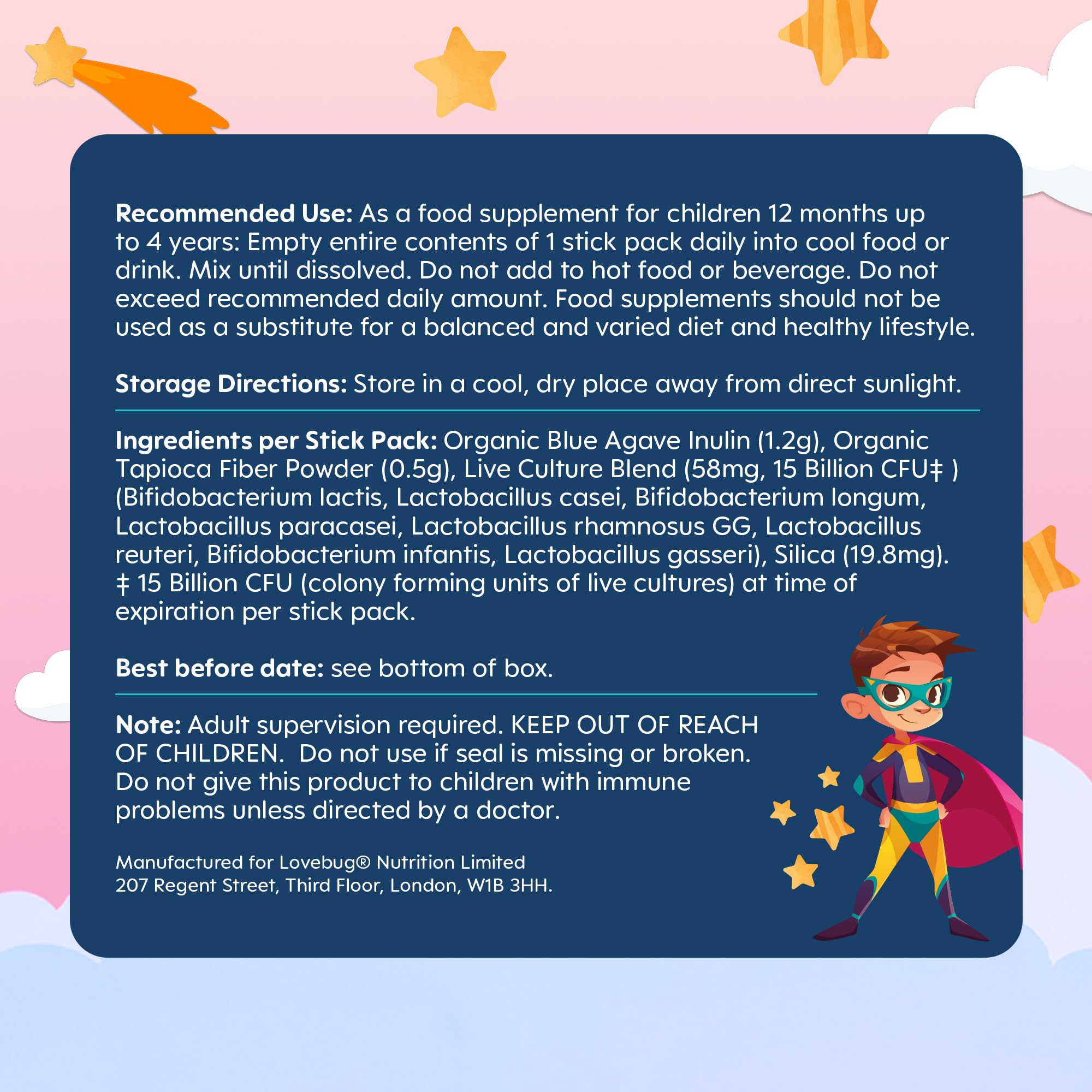 LOVEBUG Toddler Probiotics packaging with a measuring scoop