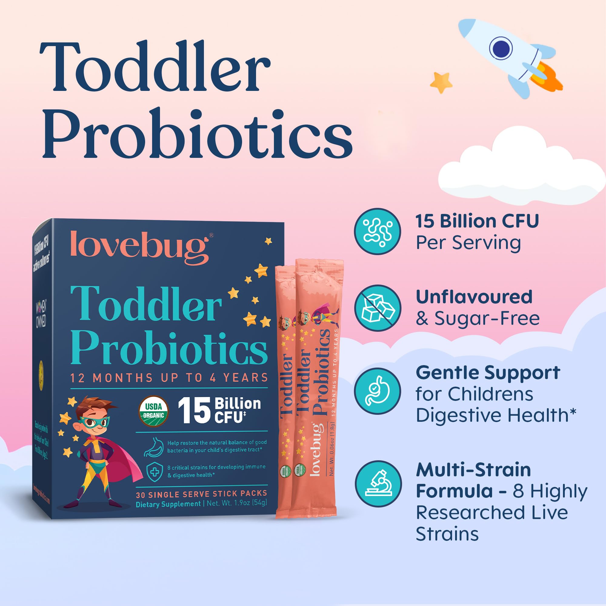 LOVEBUG Toddler Probiotics powder scoop next to the packaging