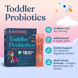 LOVEBUG Toddler Probiotics powder scoop next to the packaging