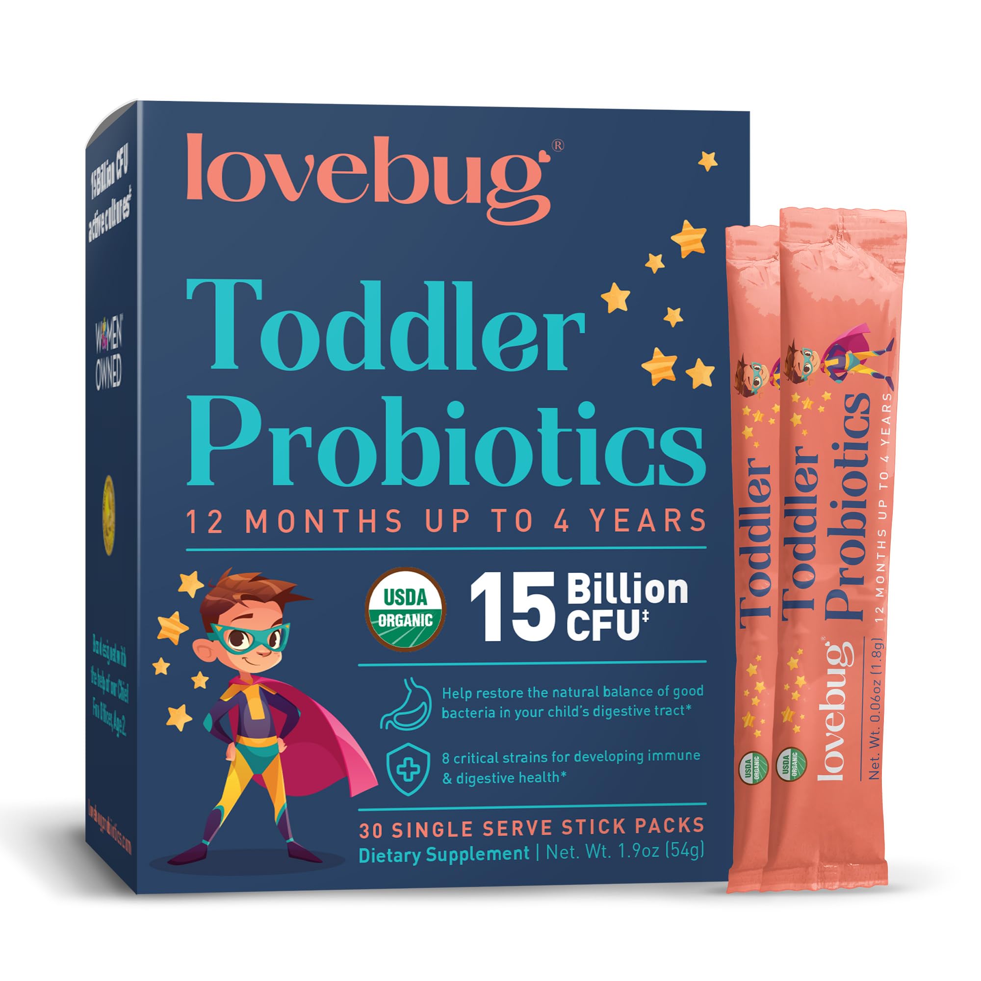 LOVEBUG Toddler Probiotics unflavoured powder packaging front view