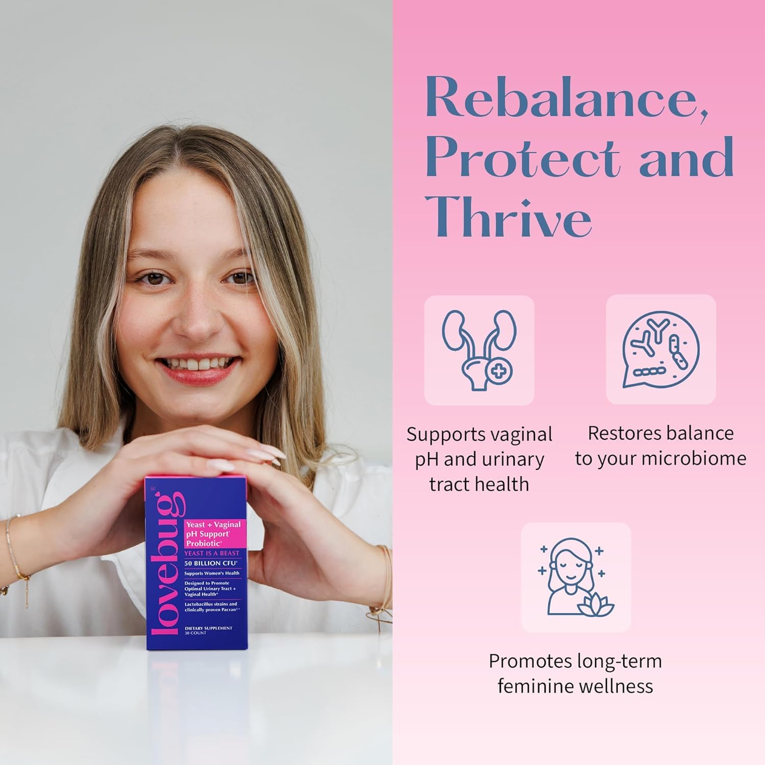 LOVEBUG Yeast & Vaginal Probiotics capsules on a wooden table