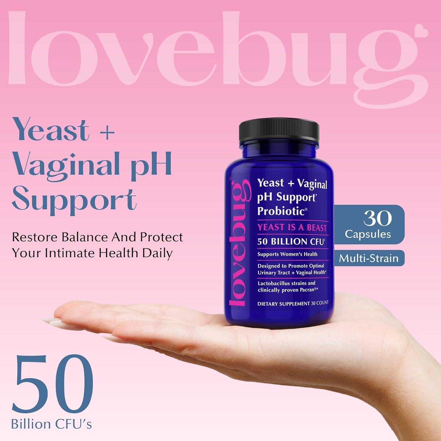 LOVEBUG Yeast & Vaginal Probiotics side view showing capsules
