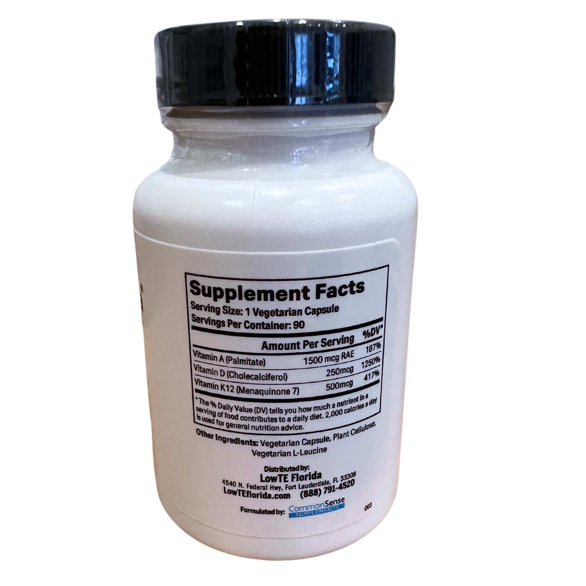 LowTE Florida Vitamins A, D & K Supplement bottle side view
