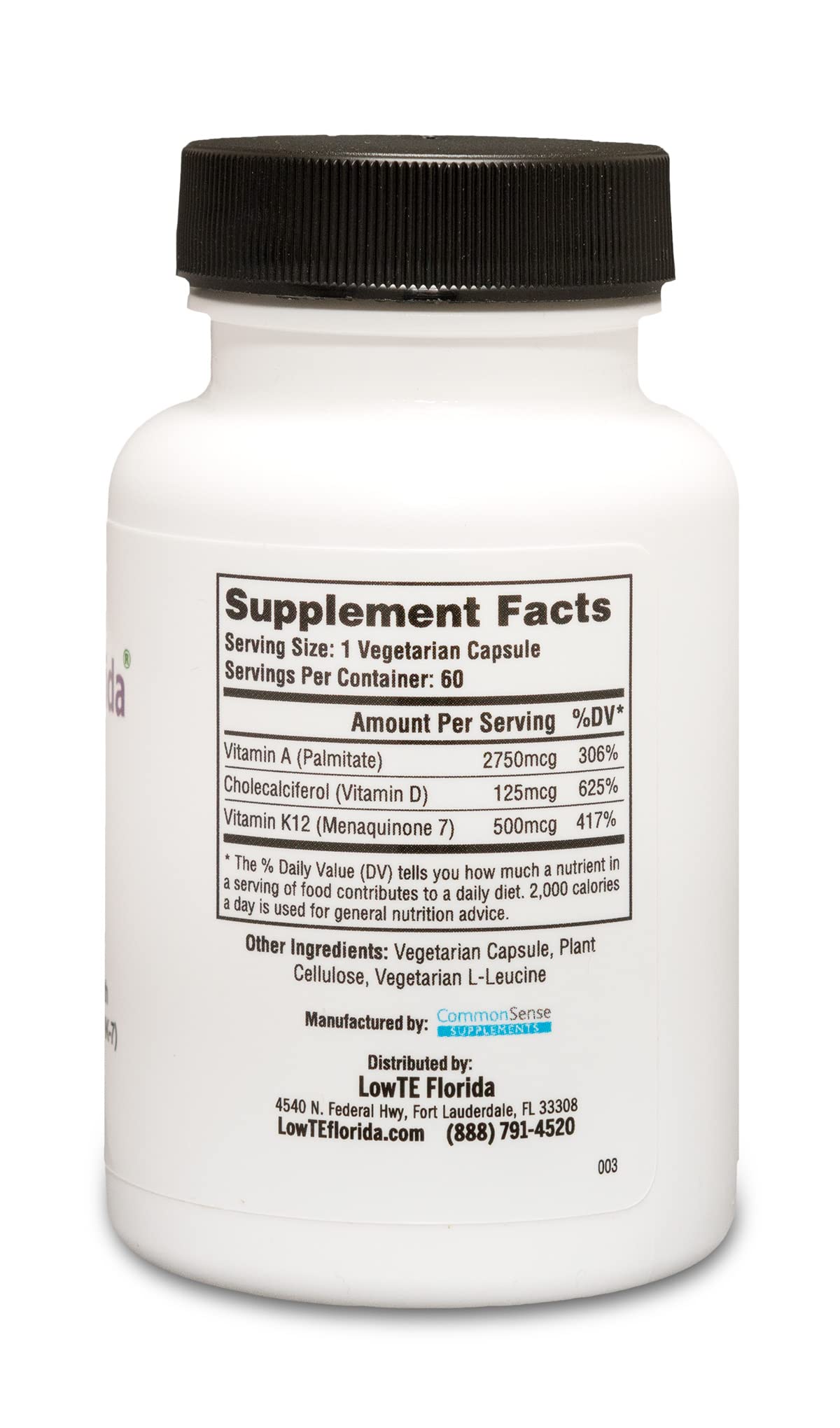 LowTE Florida Vitamins A, D & K Supplement bottle side view