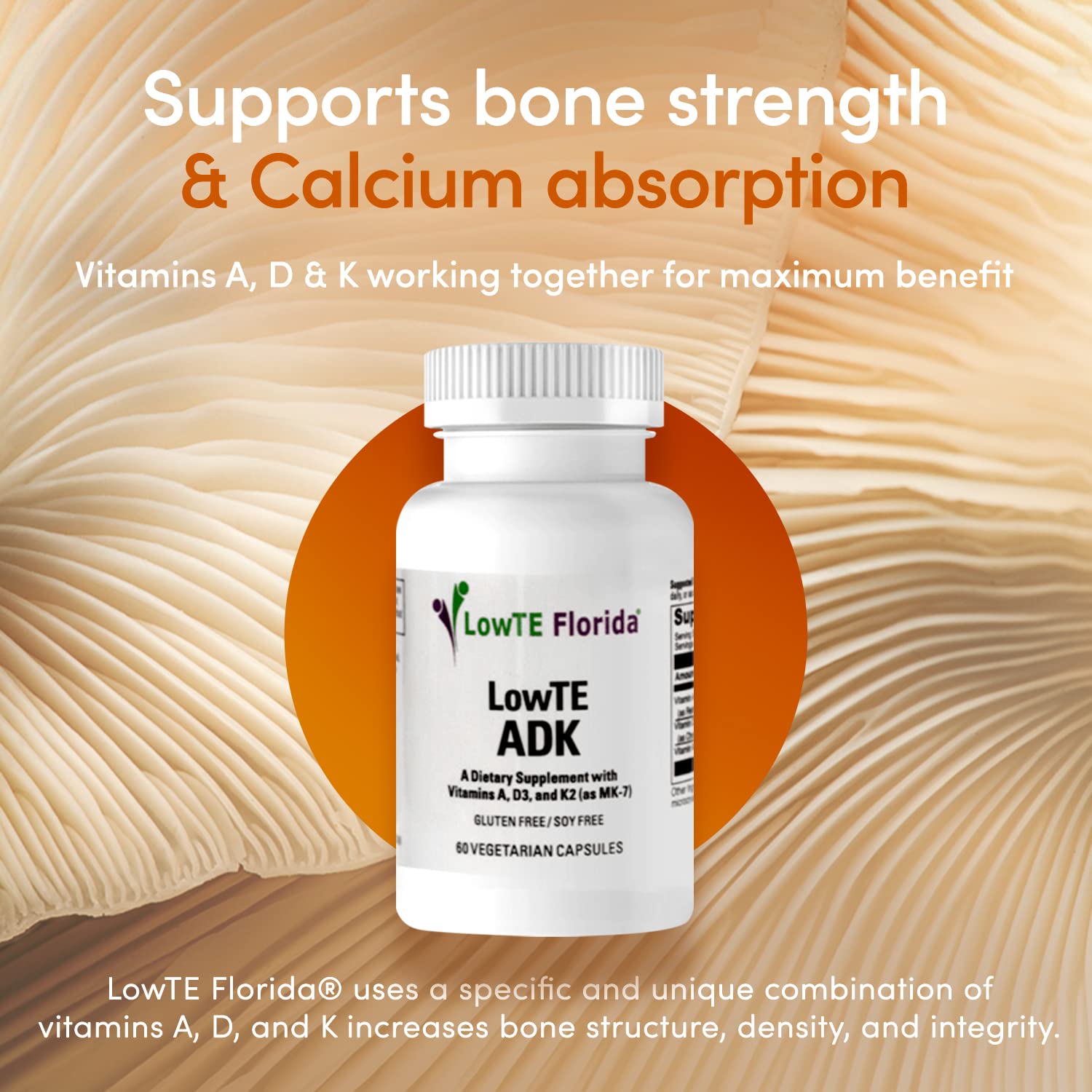 LowTE Florida Vitamins A, D & K Supplement capsule close-up