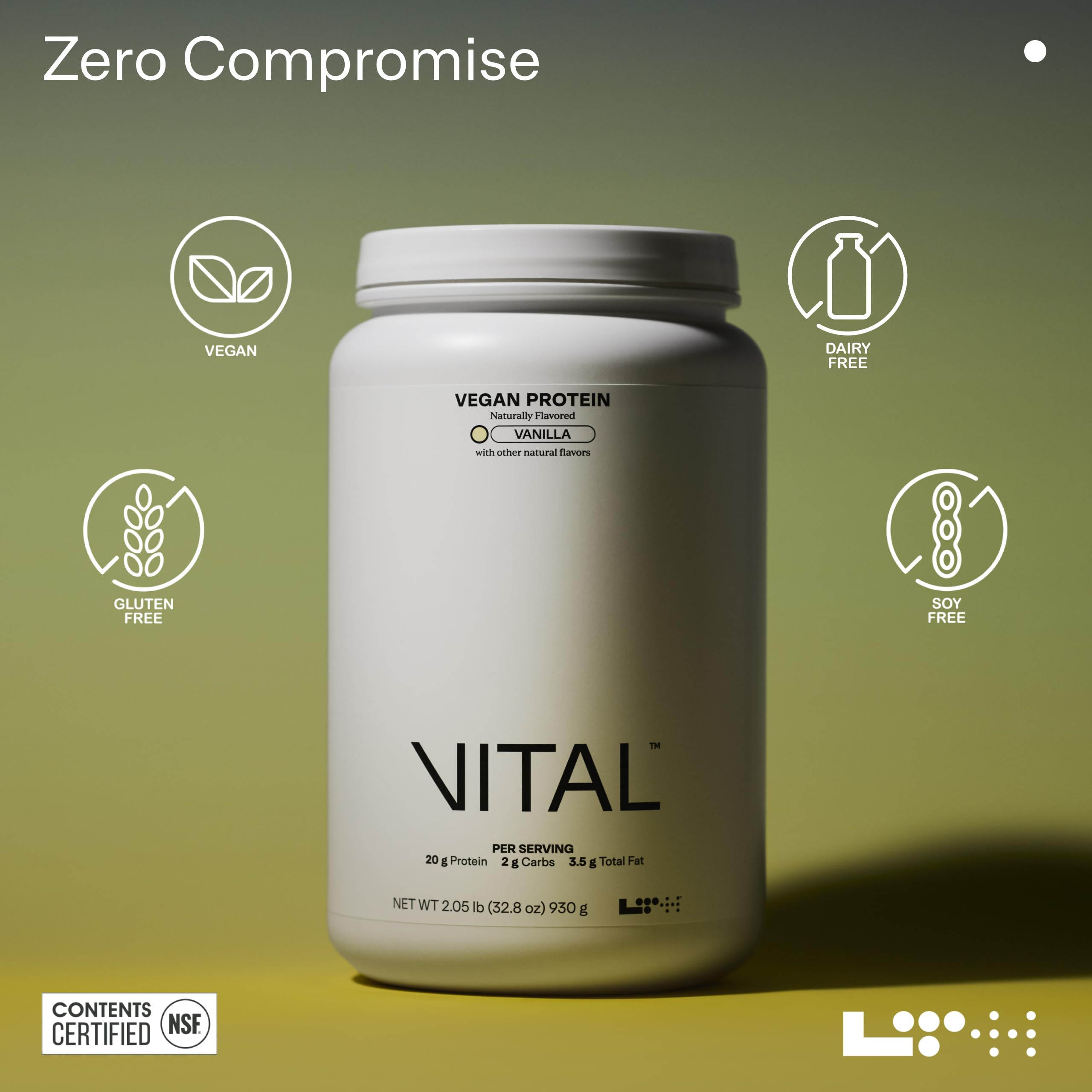 LTH Vital Vegan Protein Powder with measuring scoop