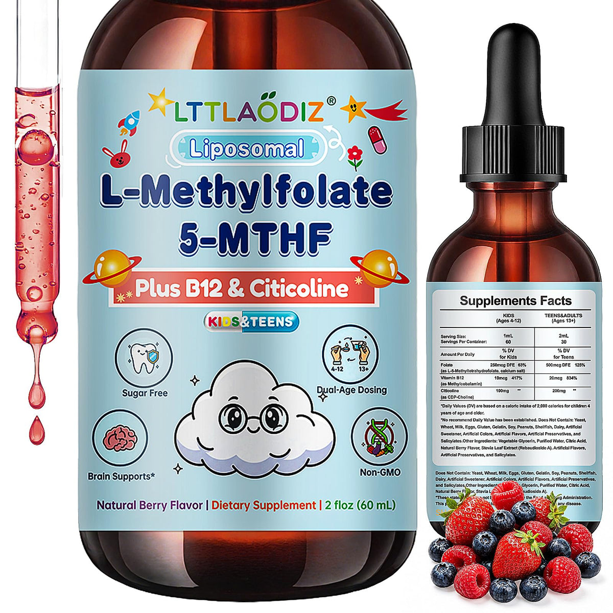 LTTLAODIZ Liposomal Vitamin B12 Supplement front view with calibrated dropper