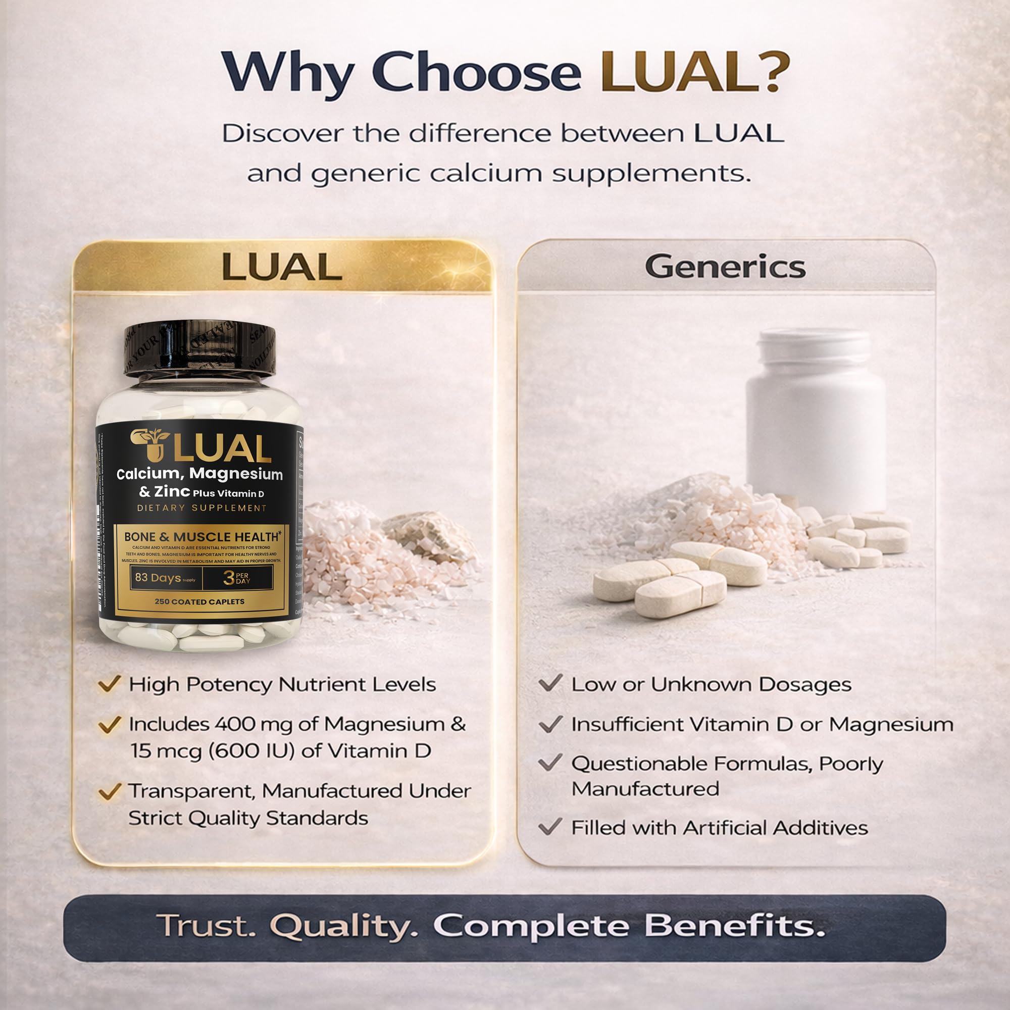 LUAL Calcium Magnesium Zinc D3 Supplement caplets in hand