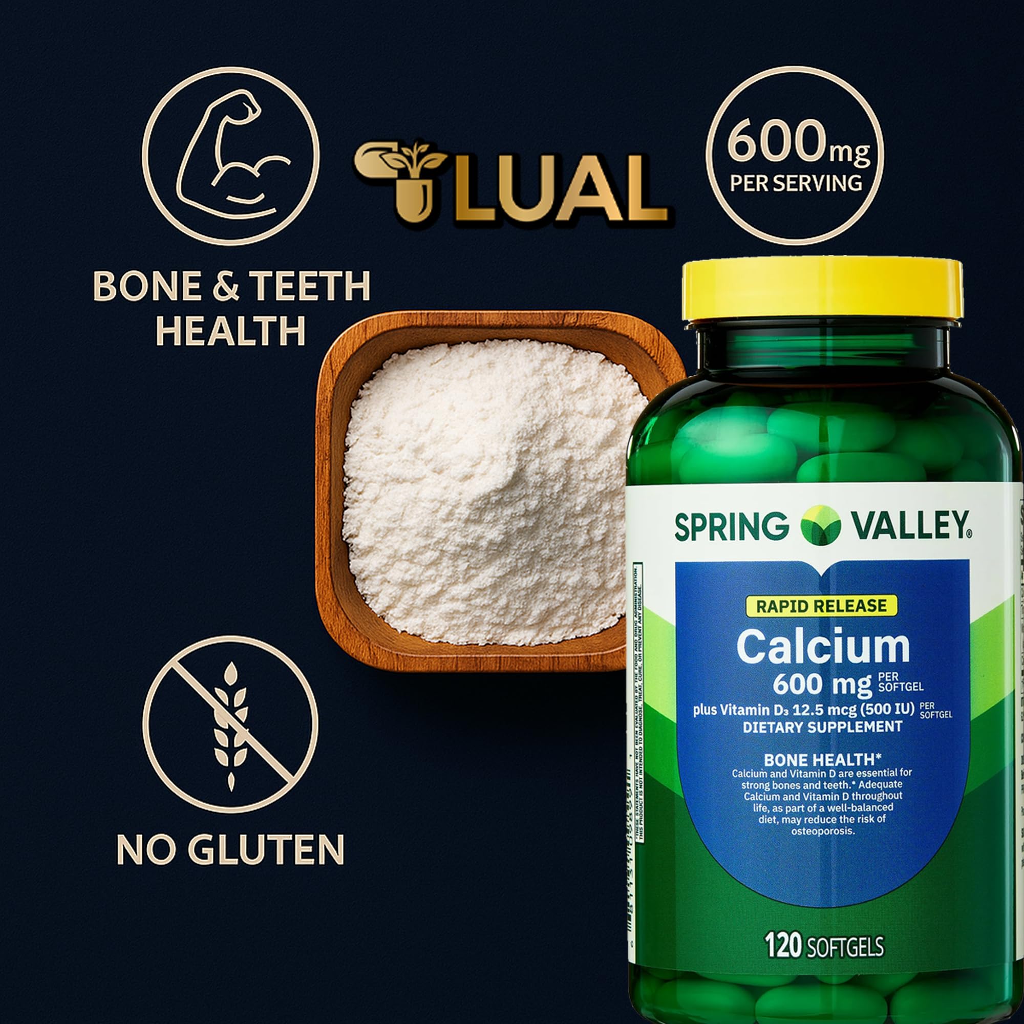 LUAL Calcium + Vitamin D3 Softgels side view showing capsule