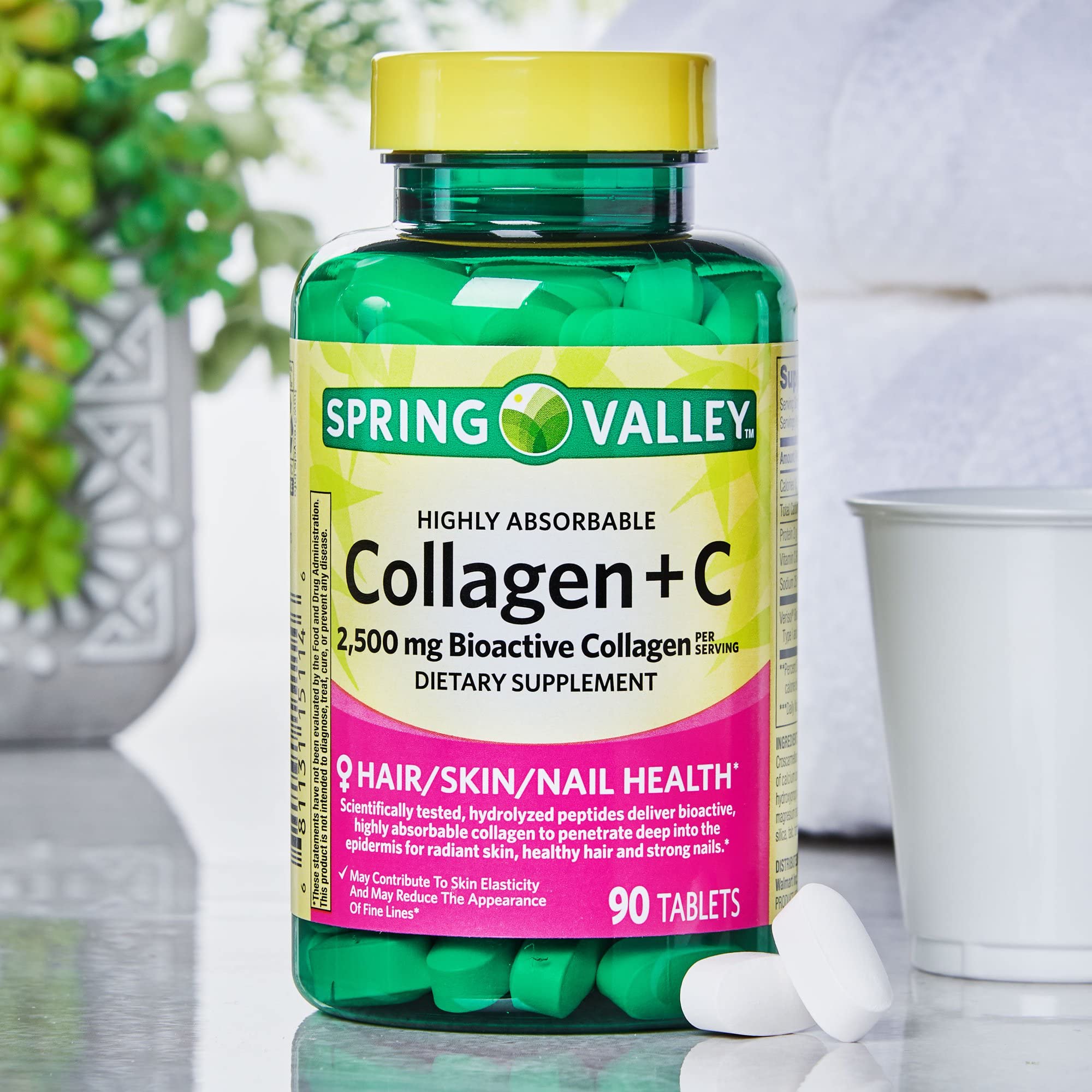LUAL Collagen + C Tablets with a glass of water and meal