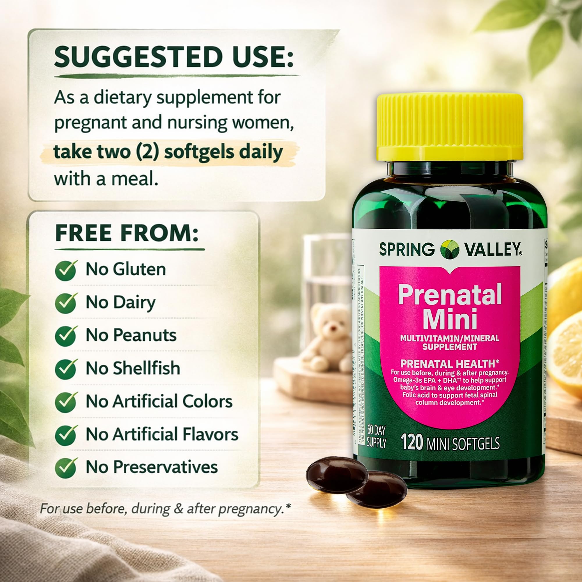 LUAL Mini Prenatal Multivitamin + DHA softgels close-up