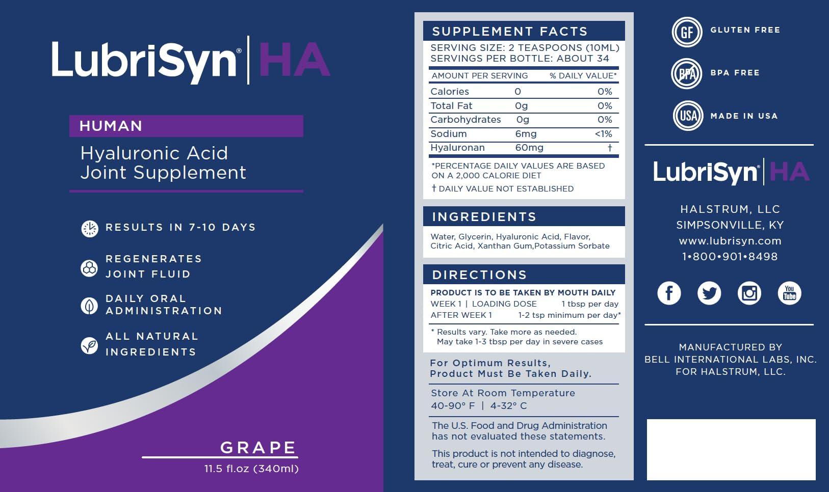Lubrisyn Hyaluronic Acid Joint Support Supplement 11.5 oz back view