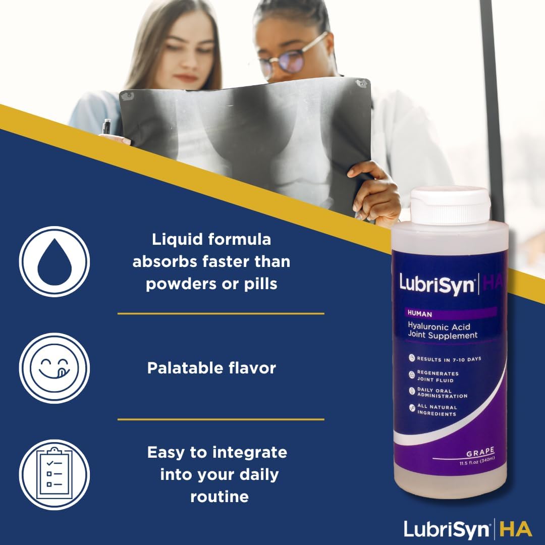 Lubrisyn Hyaluronic Acid Joint Support Supplement bottle with dosage instructions