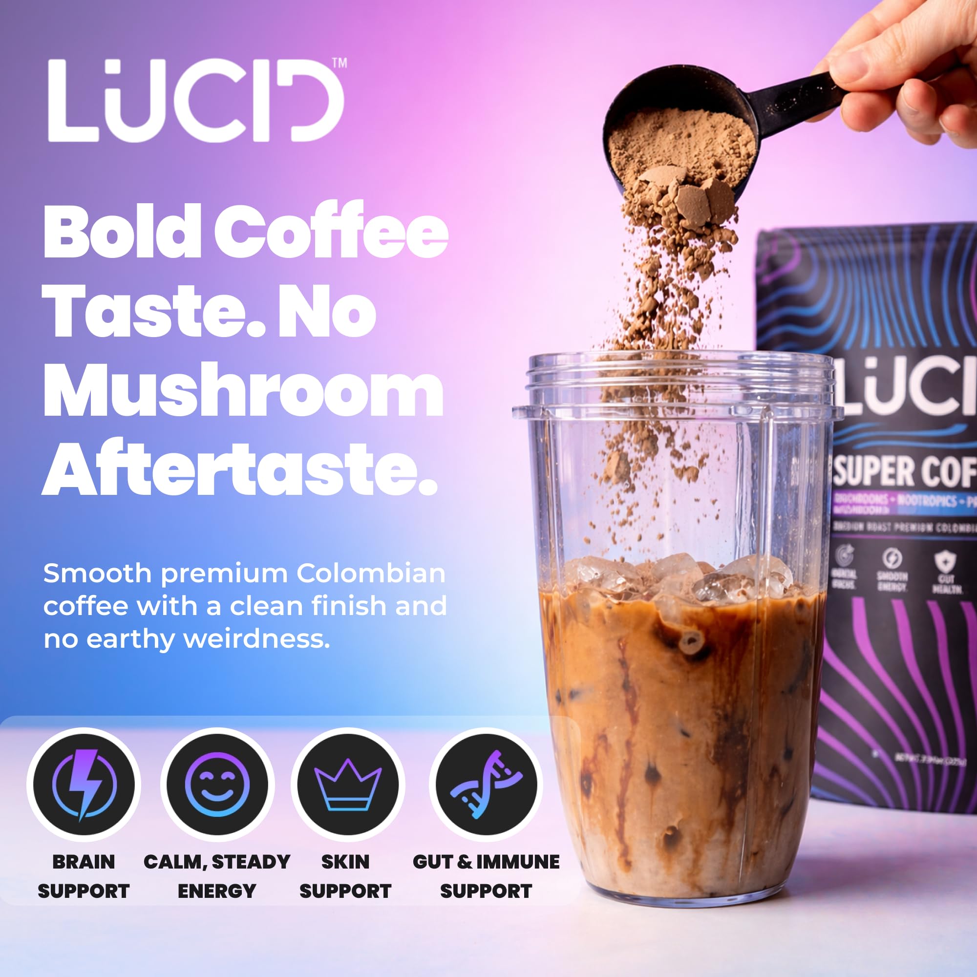 Lucid Mushroom Coffee Blend serving suggestion in a cup