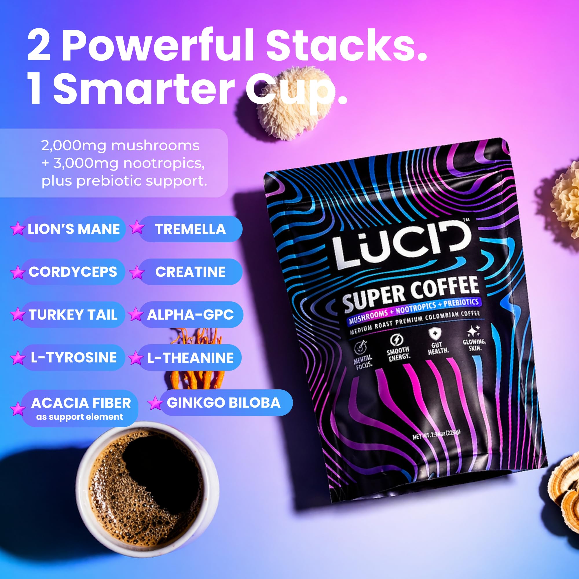 Lucid Mushroom Coffee Blend side view with ingredients