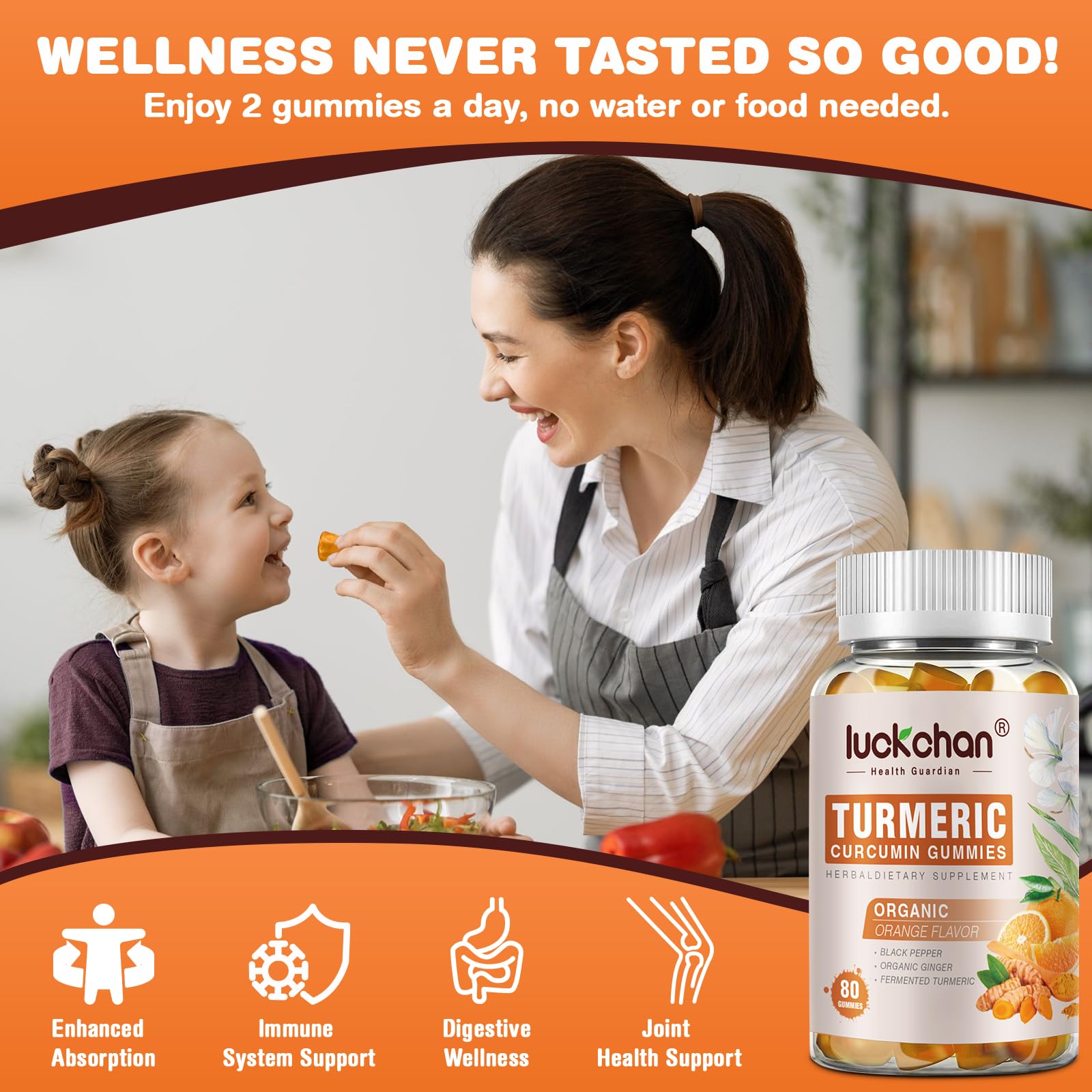 LUCKCHAN Turmeric Curcumin Gummies side view with nutritional facts