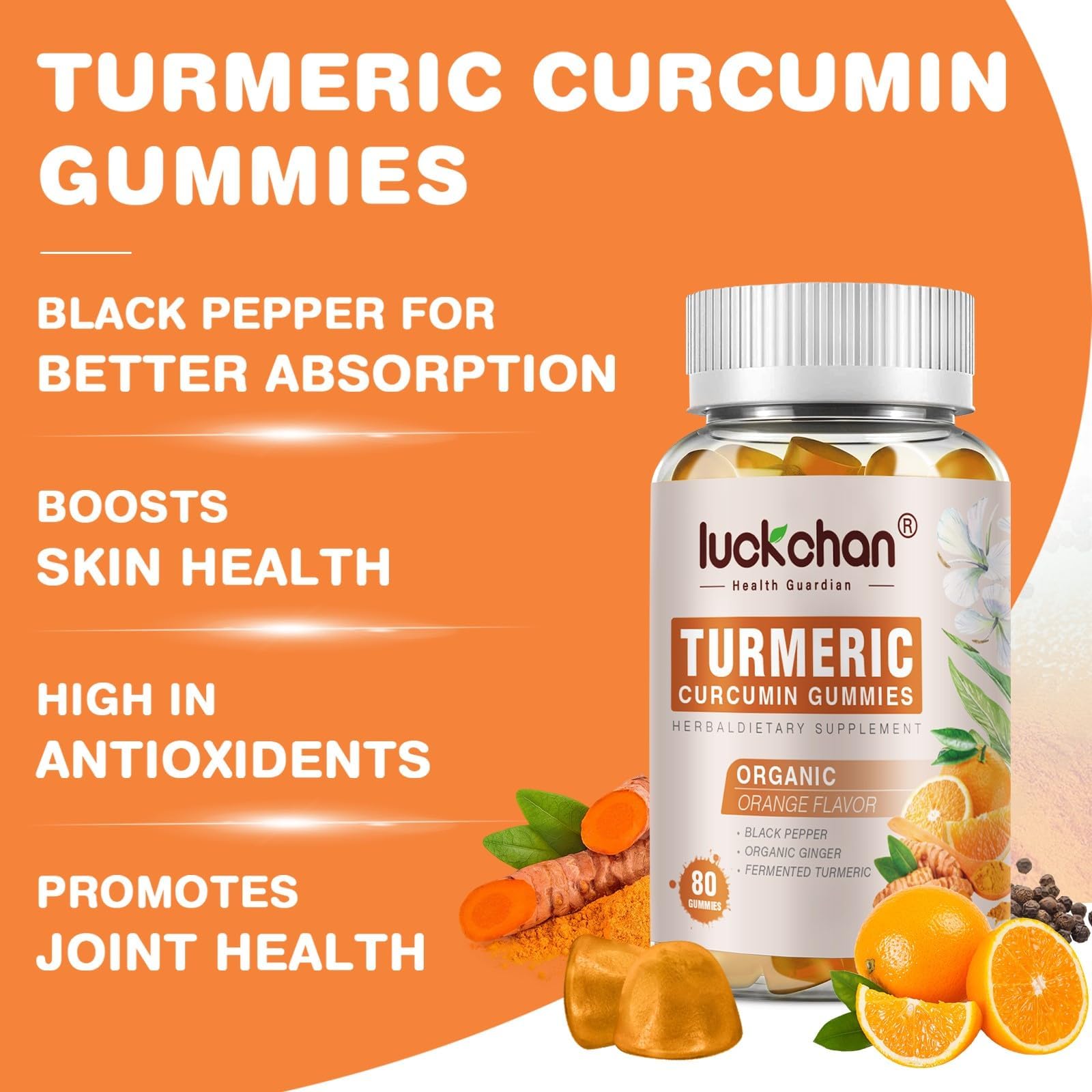 LUCKCHAN turmeric gummies on a wooden table