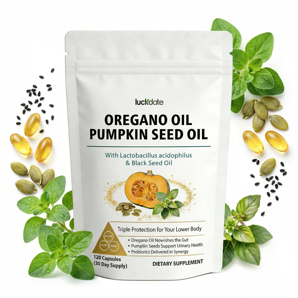 LUCKDATE Oregano Oil Capsules front view with packaging
