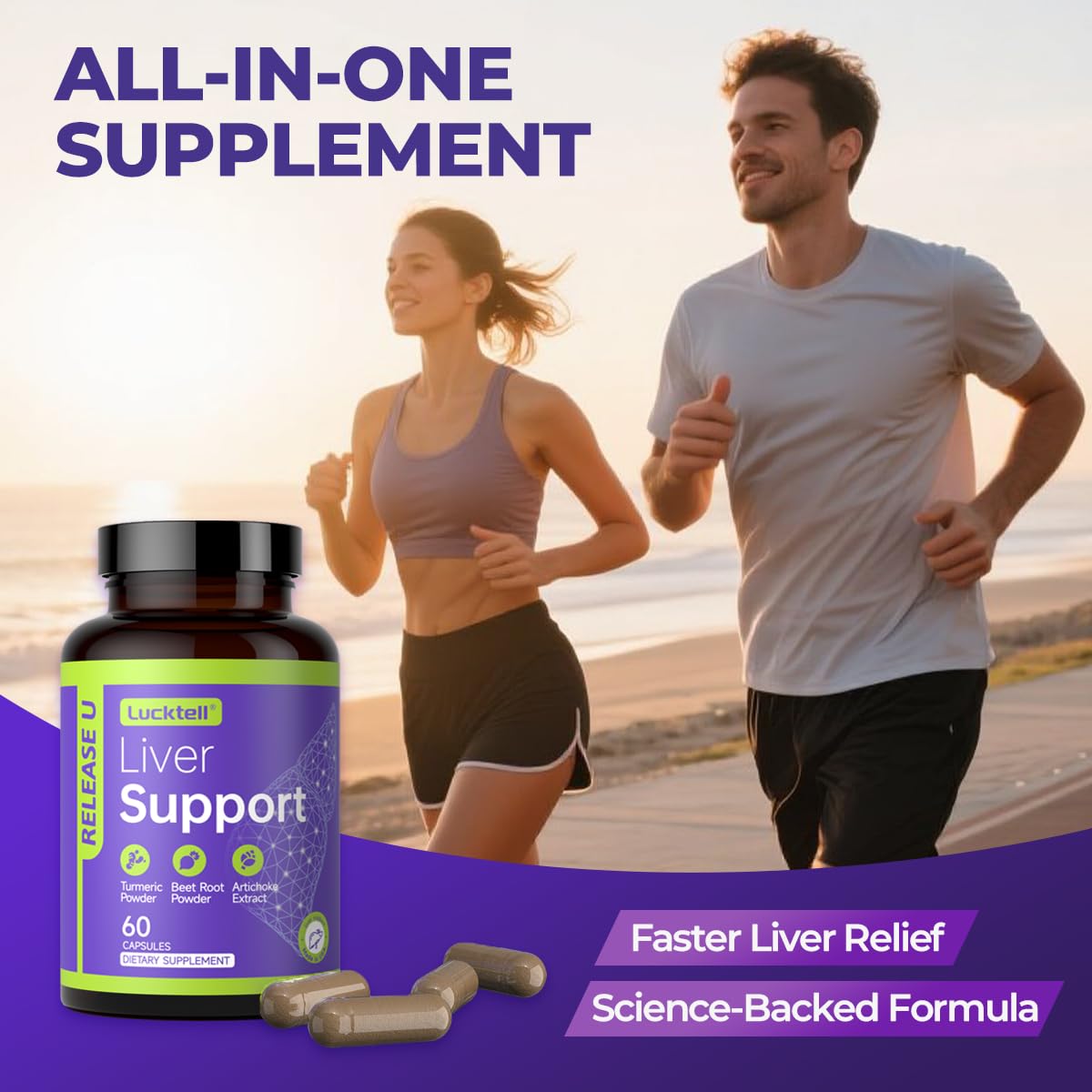 LuckTell Liver Support Supplement 7-in-1 Herbal Formula bottle with measuring spoon
