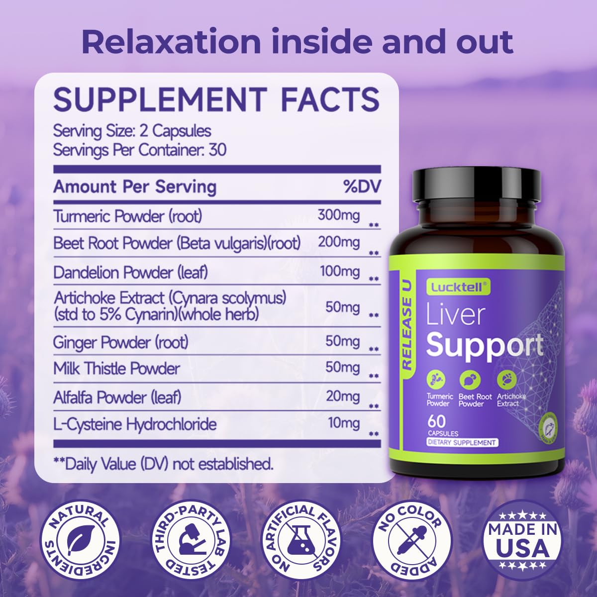LuckTell Liver Support Supplement 7-in-1 Herbal Formula on a wooden table