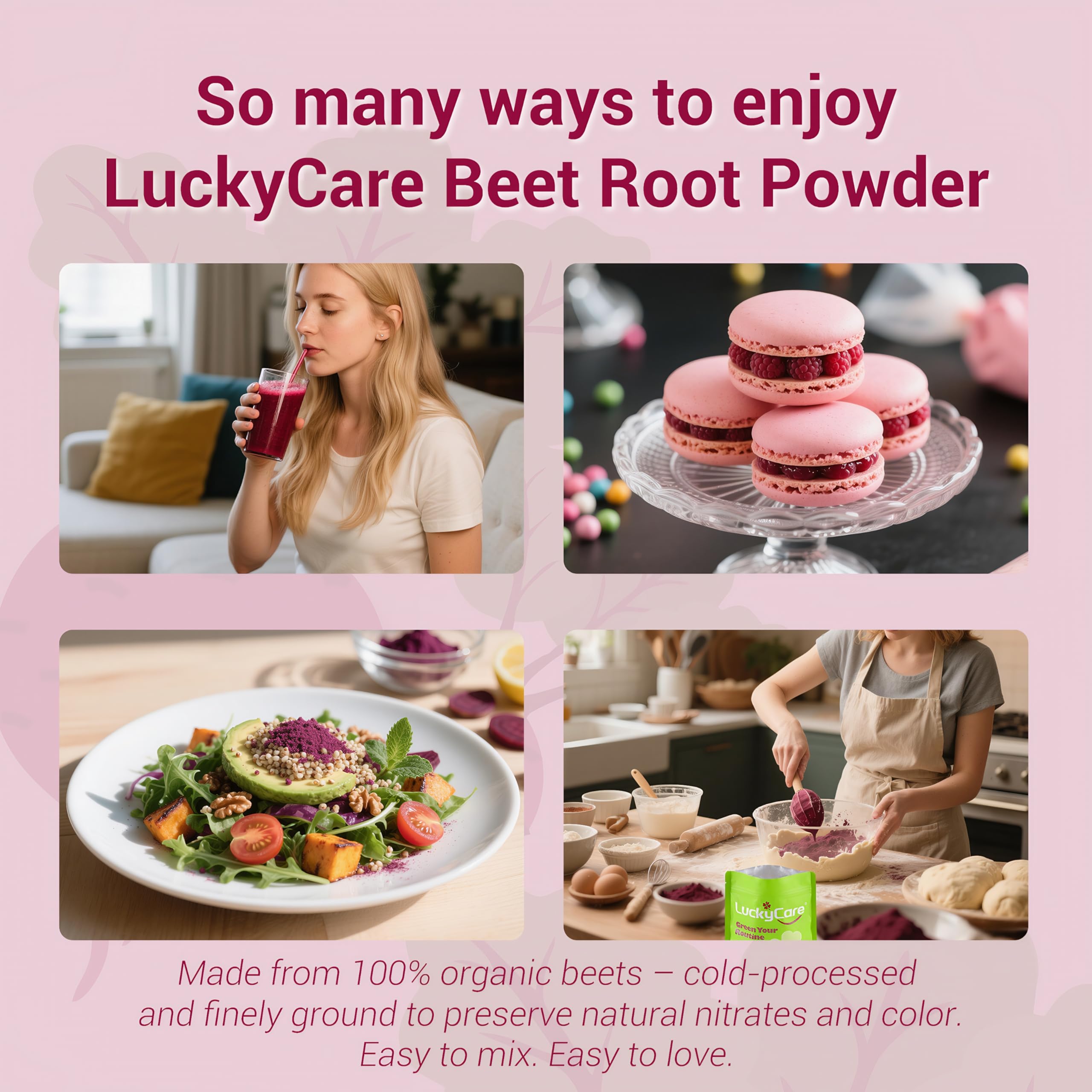Luckycare beetroot powder in a mixing bowl