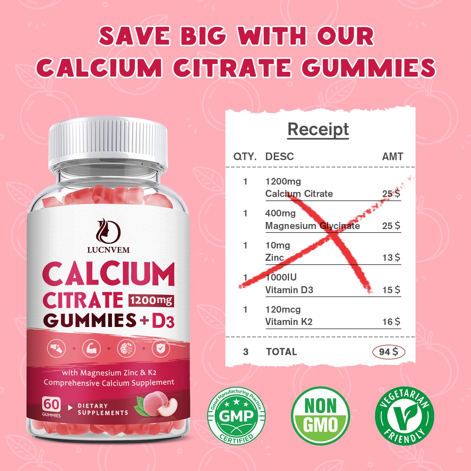 LUCNVEM Calcium Citrate Gummies on a wooden table