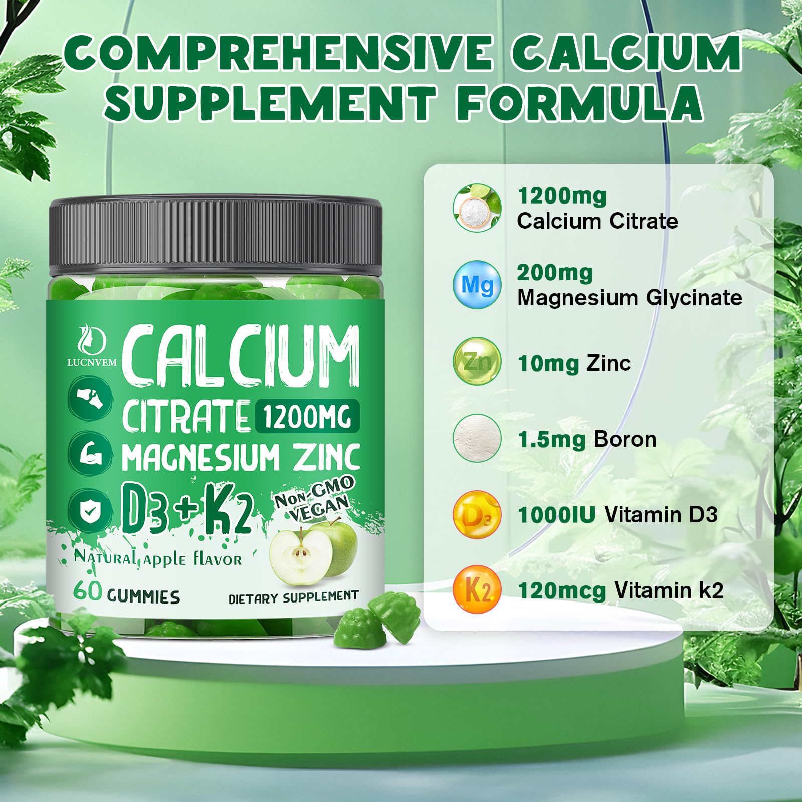 LUCNVEM Calcium Citrate Gummies packaging with nutritional information
