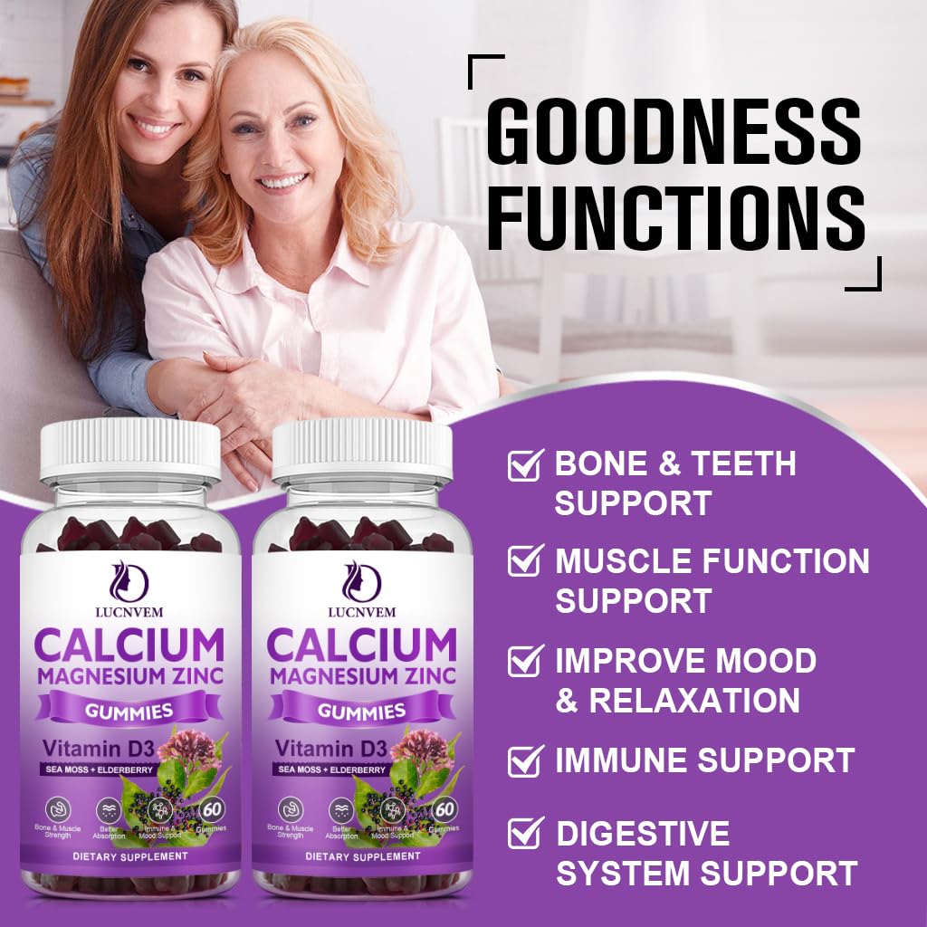 LUCNVEM Calcium Magnesium Zinc Gummies back view with ingredient list