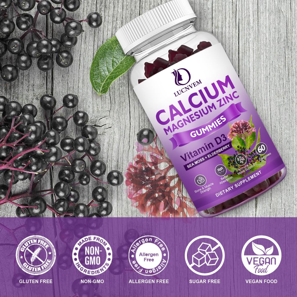LUCNVEM Calcium Magnesium Zinc Gummies on a wooden table