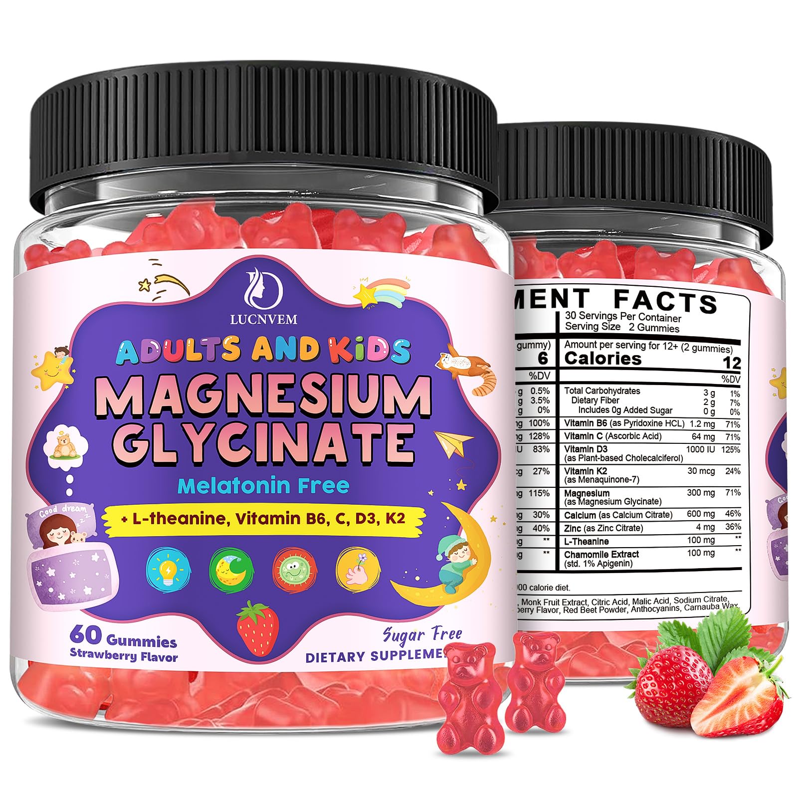 LUCNVEM Magnesium Glycinate Gummies 60 Count Strawberry Flavour front view