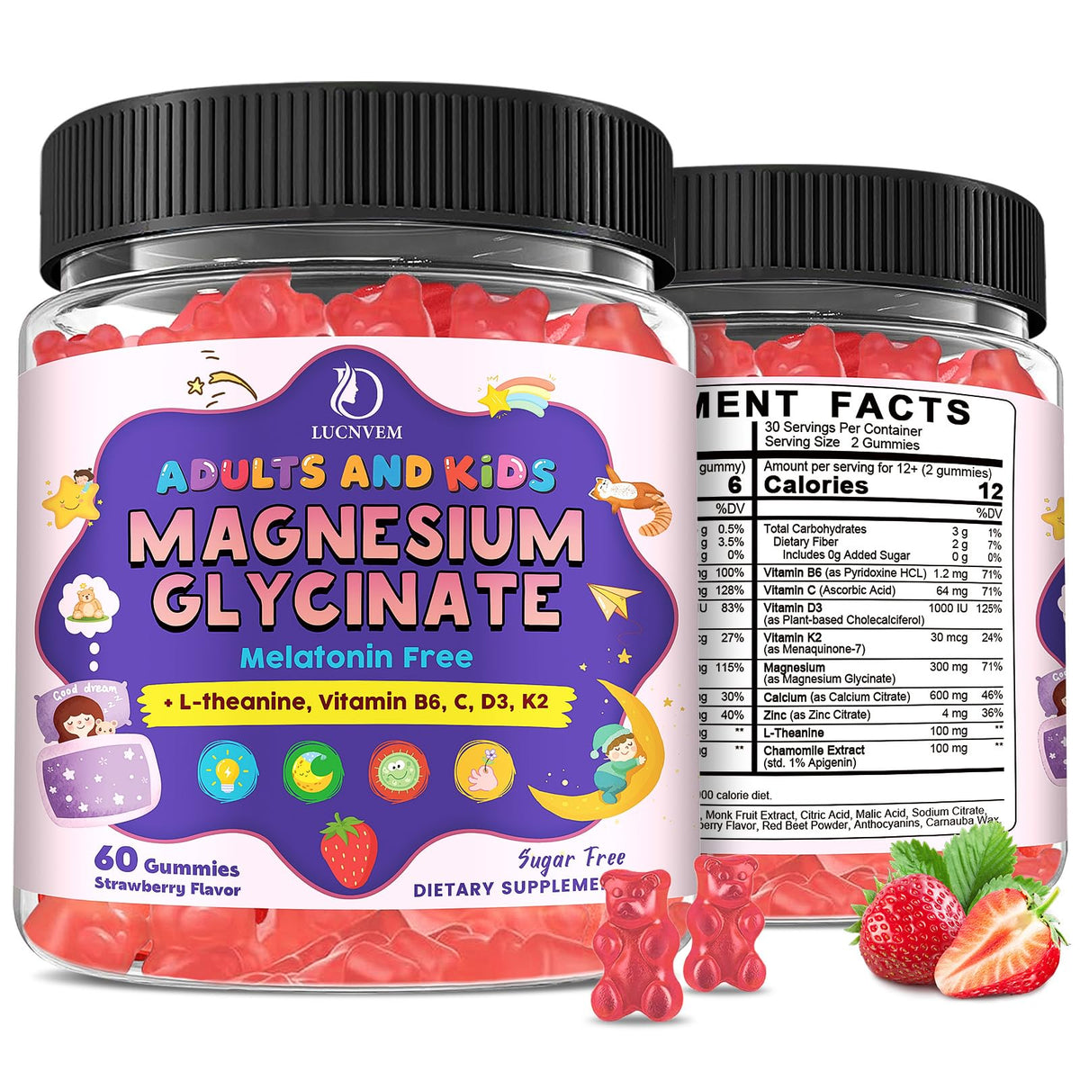 LUCNVEM Magnesium Glycinate Gummies 60 Count Strawberry Flavour front view