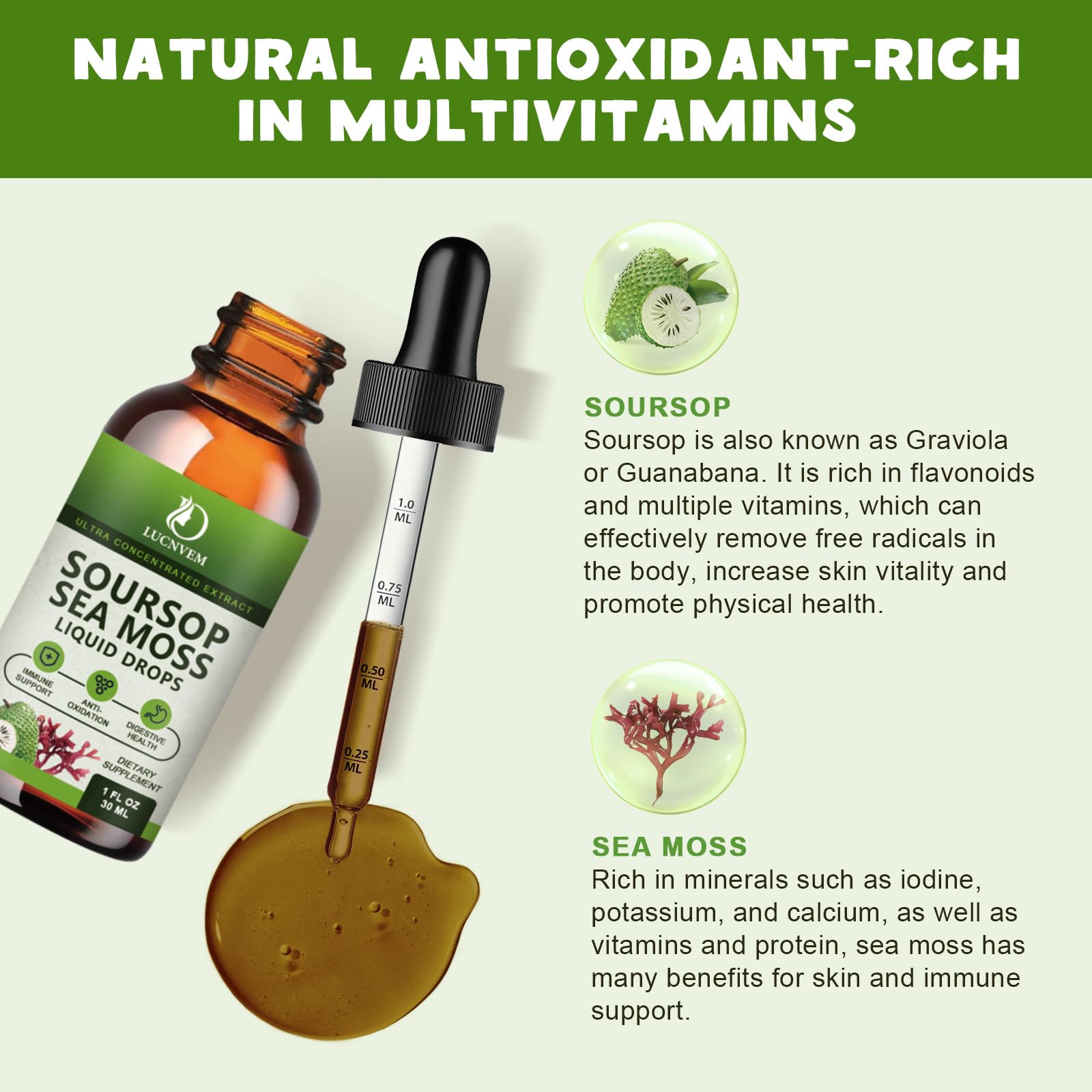 LUCNVEM Soursop Sea Moss Liquid Drops 320g in lifestyle setting