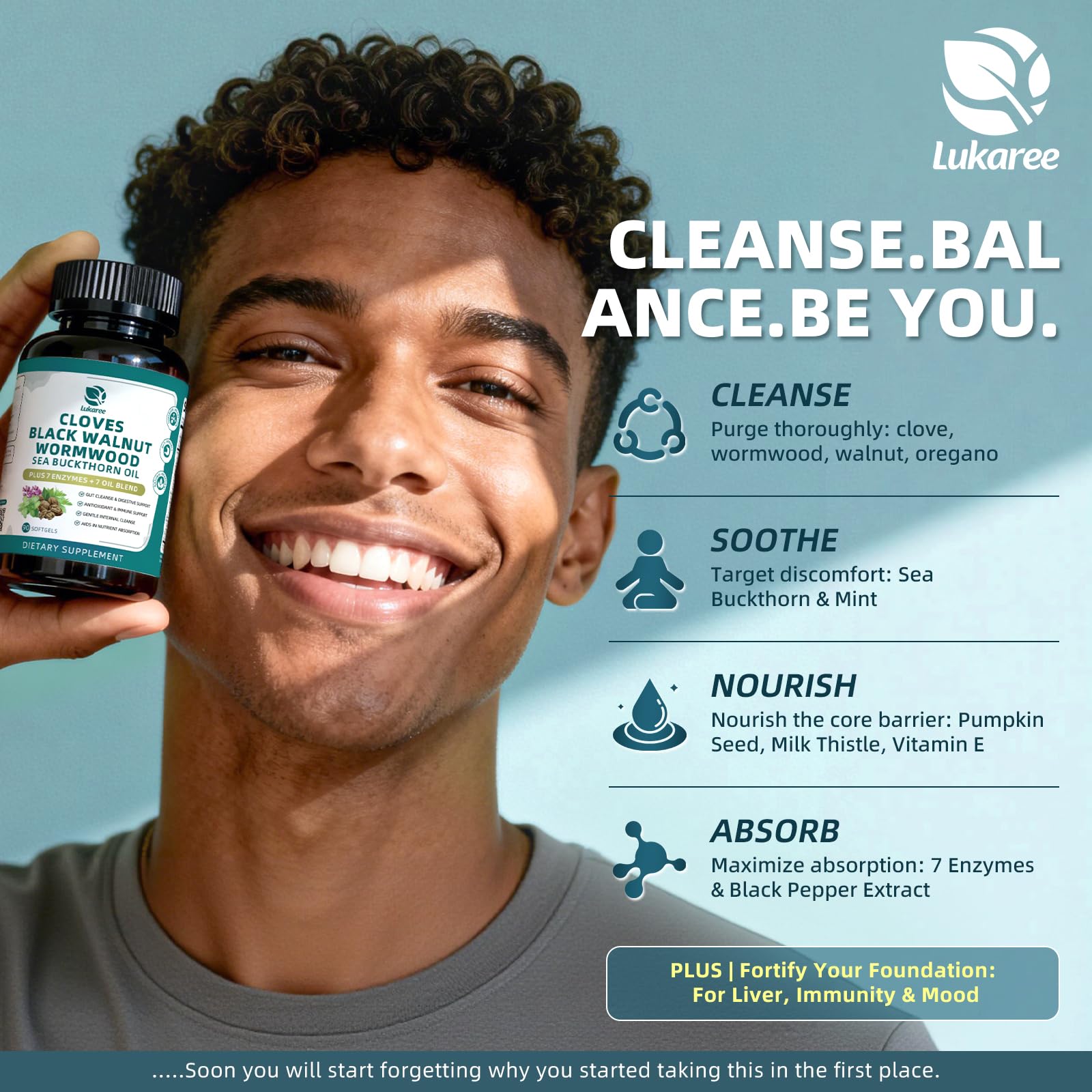Lukaree 20-in-1 Herbal Cleanse capsules with herbs around